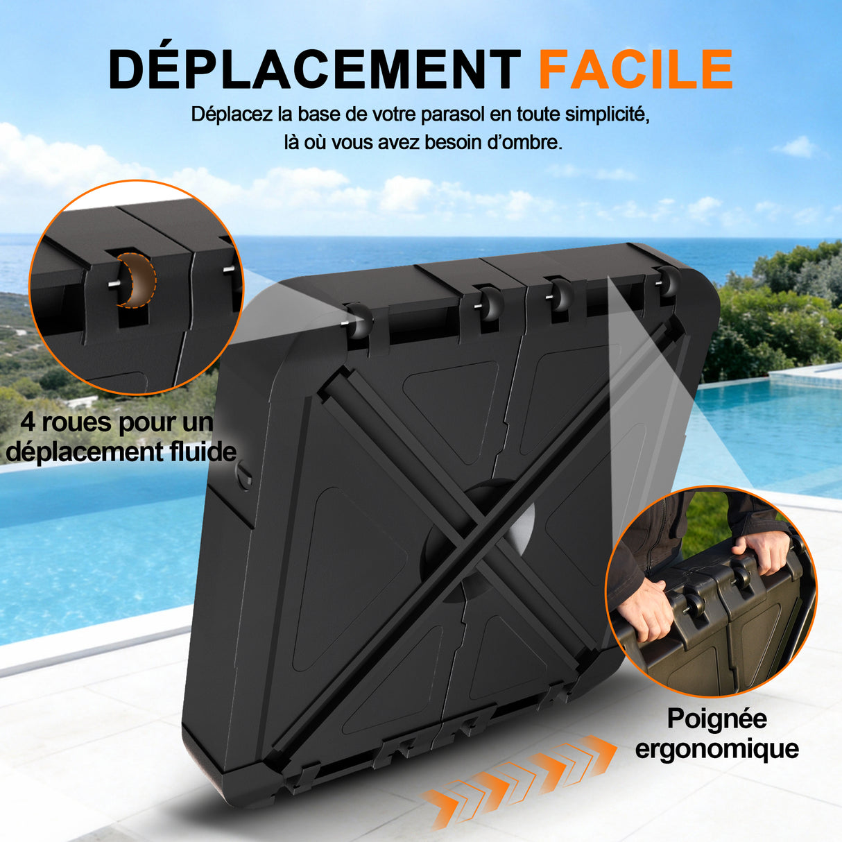 Socle de parasol déporté Patioslife™ avec roues (115–200 kg) pour parasol série Aegis — Support roulant extérieur robuste avec poids en HDPE rechargeables et roues, pour une stabilité optimale sur terrasse, jardin et bord de piscine