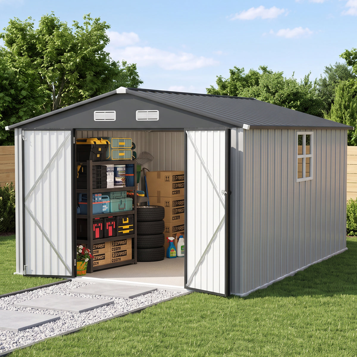 Patioslife YardVault Pro Abri de Jardin Métal Renforcé en Acier Galvanisé avec Fenêtre et Porte Verrouillable, Remise à Outils Extérieure Anti-Rouille