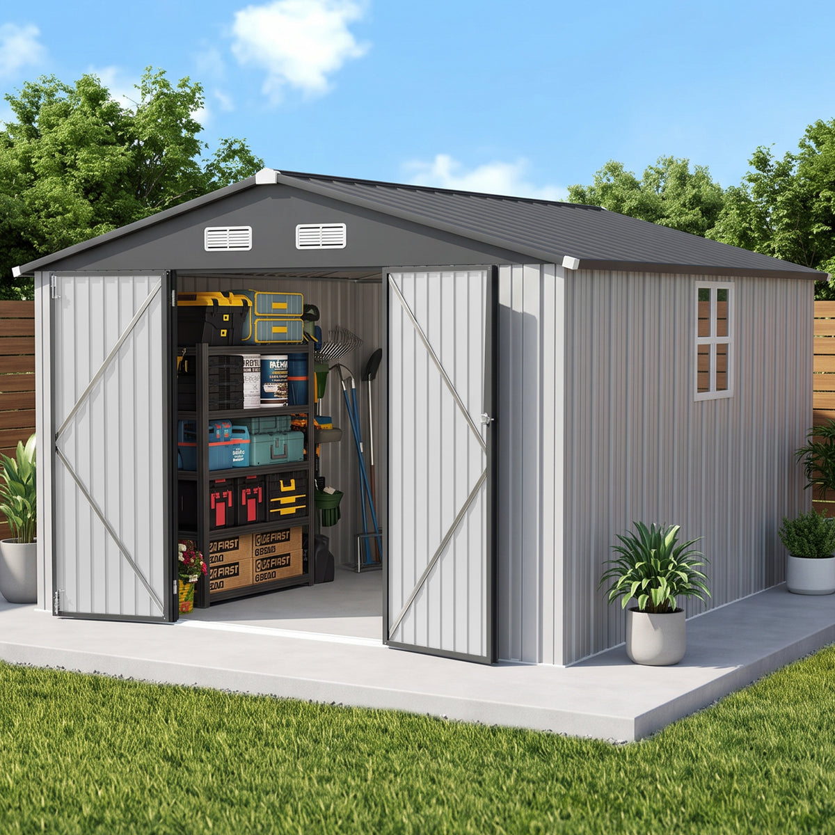 Patioslife YardVault Pro Abri de Jardin Métal Renforcé en Acier Galvanisé avec Fenêtre et Porte Verrouillable, Remise à Outils Extérieure Anti-Rouille