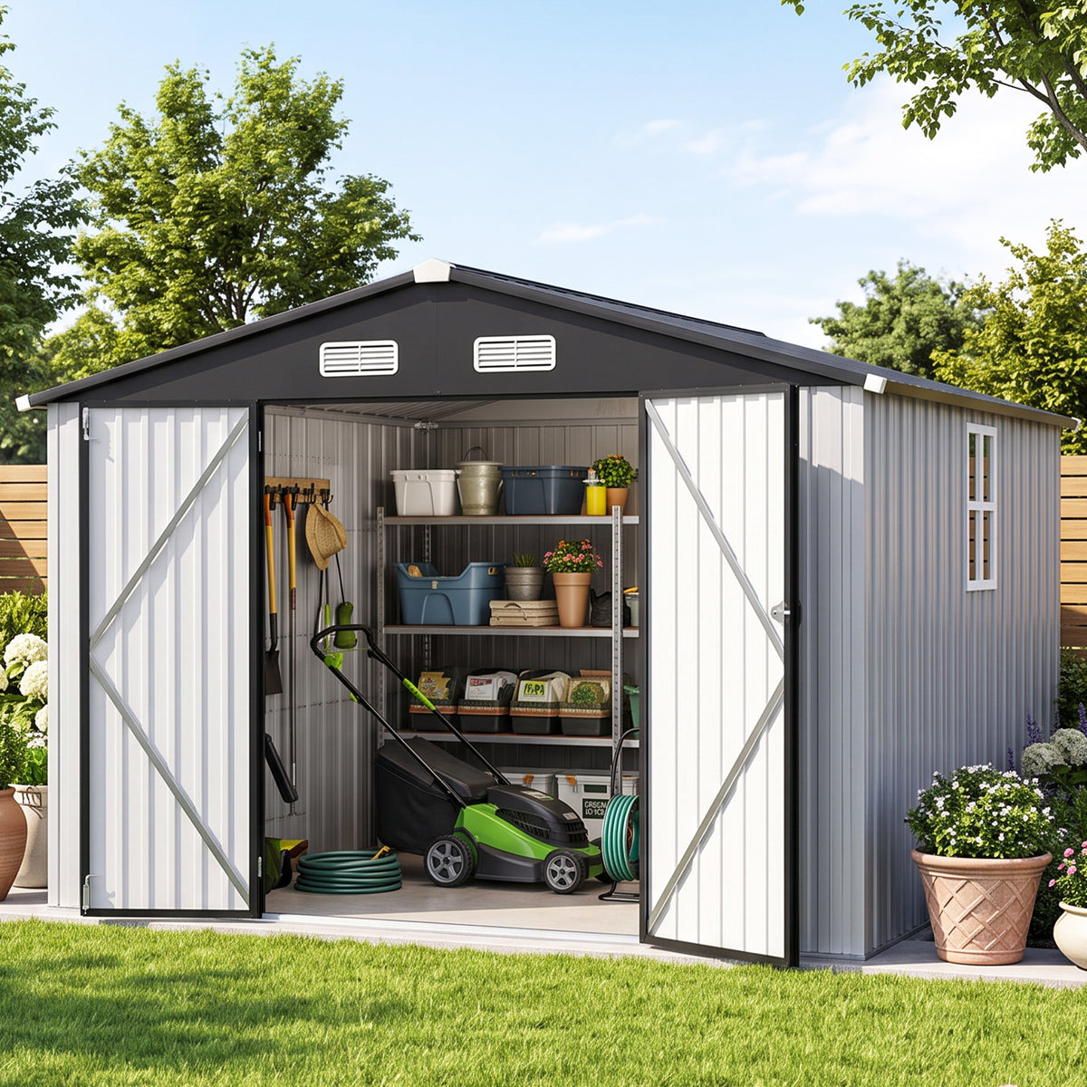 Patioslife YardVault Pro Abri de Jardin Métal Renforcé en Acier Galvanisé avec Fenêtre et Porte Verrouillable, Remise à Outils Extérieure Anti-Rouille