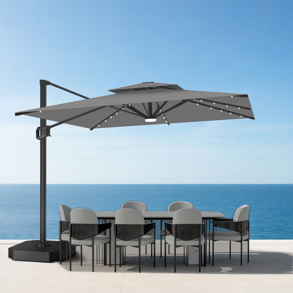 Parasol déporté Patioslife Aegis Pro avec éclairage LED et housse de protection, baleines et mât en aluminium à revêtement thermolaqué — Idéal pour jardins et terrasses