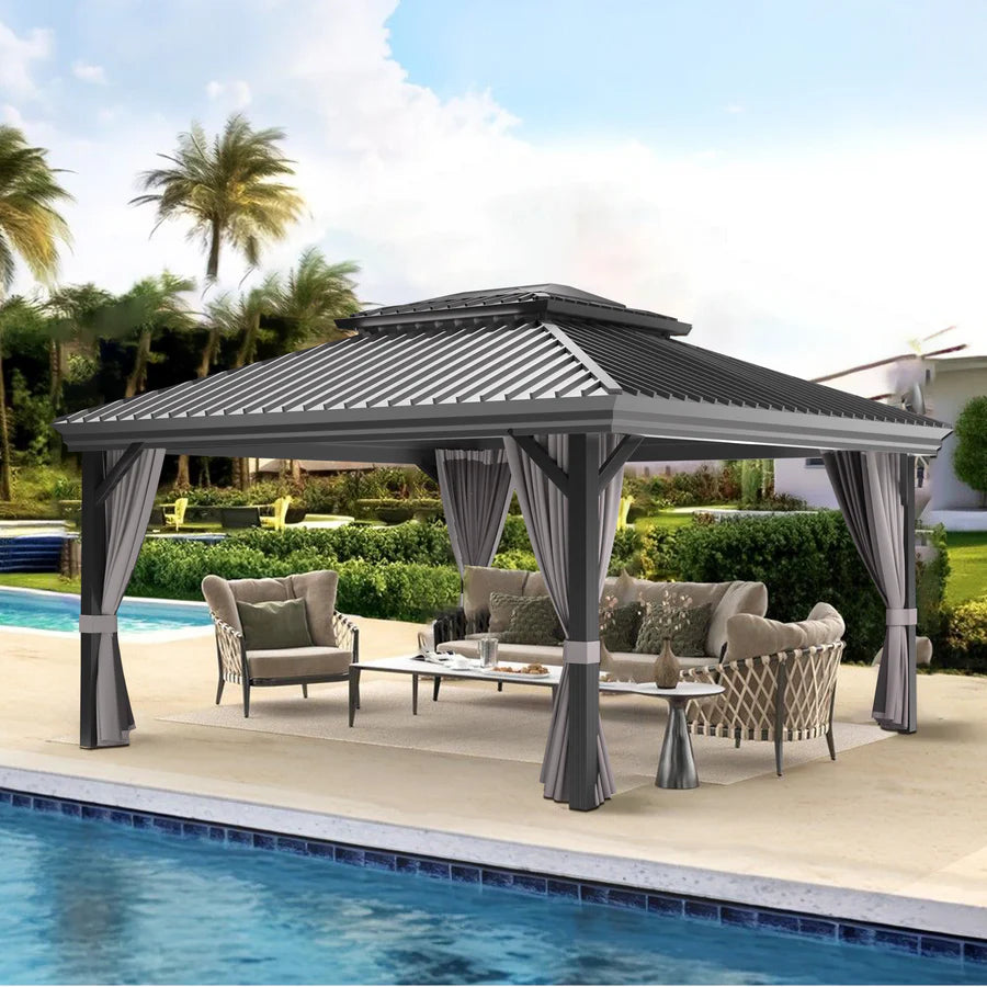 Patioslife Haven | Tonnelle de Jardin en Aluminium à Toit Rigide, Pergola & Pavillon avec Double Aération, Gouttières et Rideaux pour Terrasse