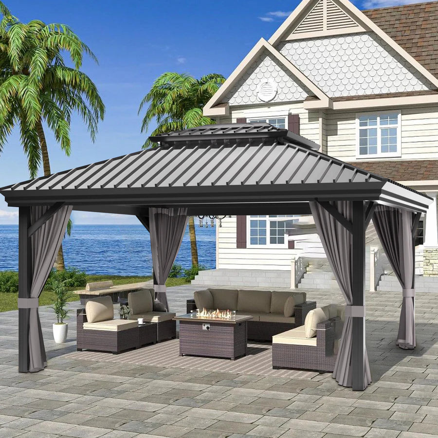 Patioslife Haven | Tonnelle de Jardin en Aluminium à Toit Rigide, Pergola & Pavillon avec Double Aération, Gouttières et Rideaux pour Terrasse