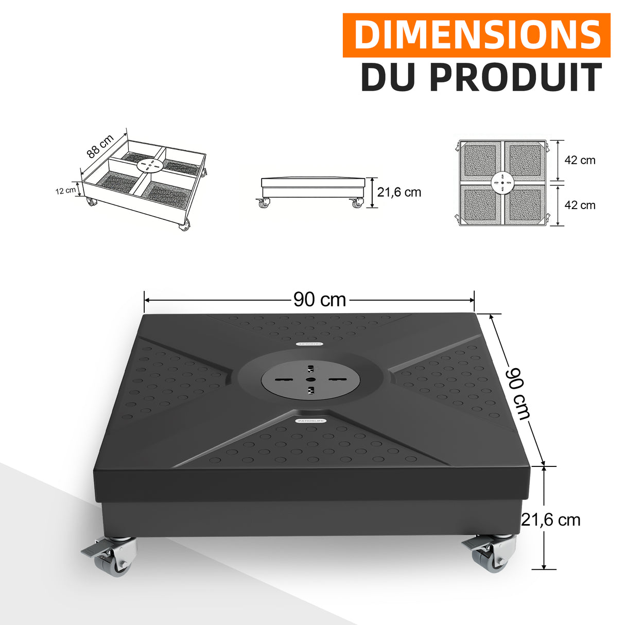 Pied de Parasol Déporté Patioslife Aegis - Socle Modulaire 400kg à Roues - Base de Remplissage Haute Capacité - Mobilité & Stabilité pour Terrasse