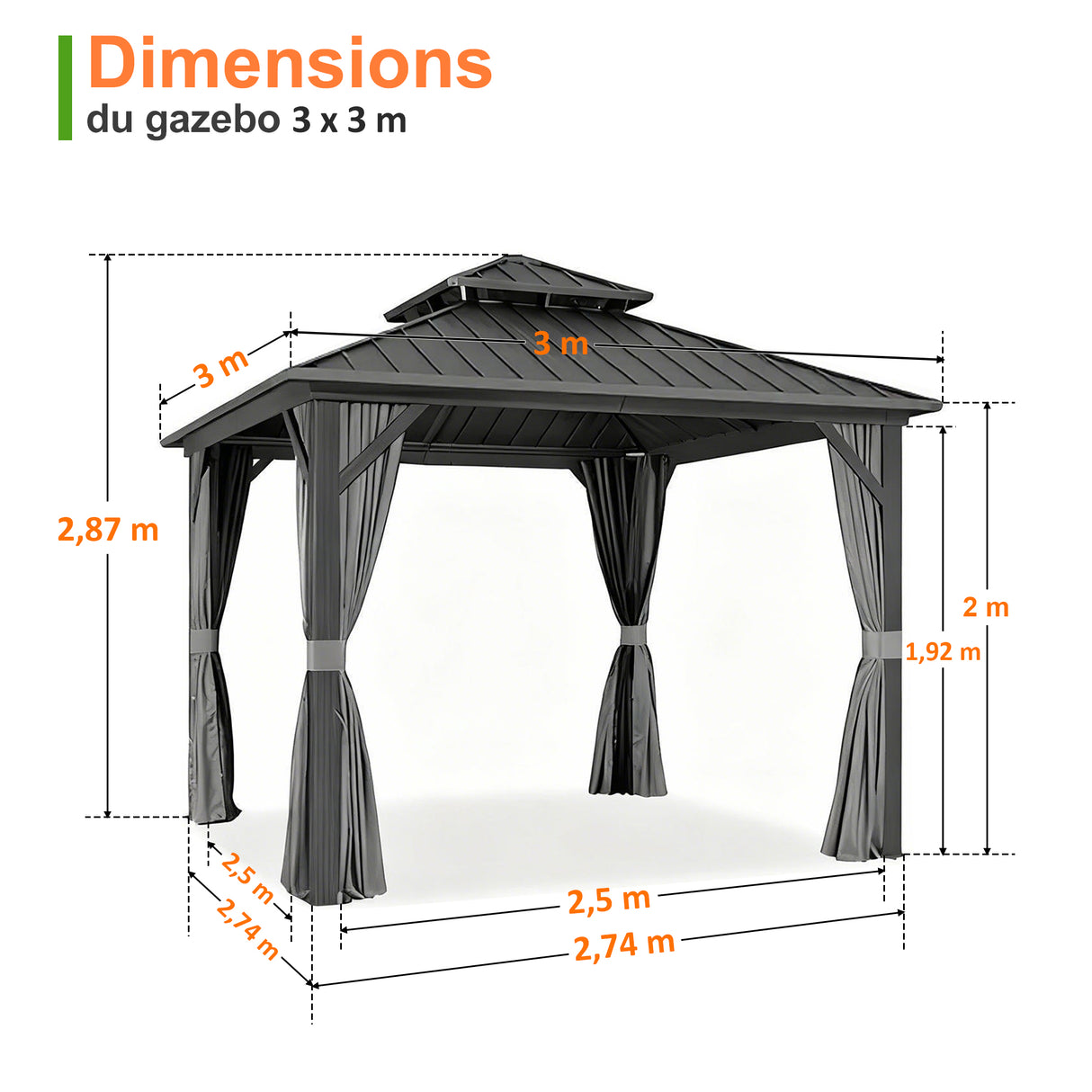 Patioslife Haven | Gazebo à toit rigide avec gouttières de drainage, structure en aluminium, toit doublement aéré et rideaux, pergola pour terrasse ou jardin.