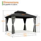 Patioslife Haven | Gazebo à toit rigide avec gouttières de drainage, structure en aluminium, toit doublement aéré et rideaux, pergola pour terrasse ou jardin.