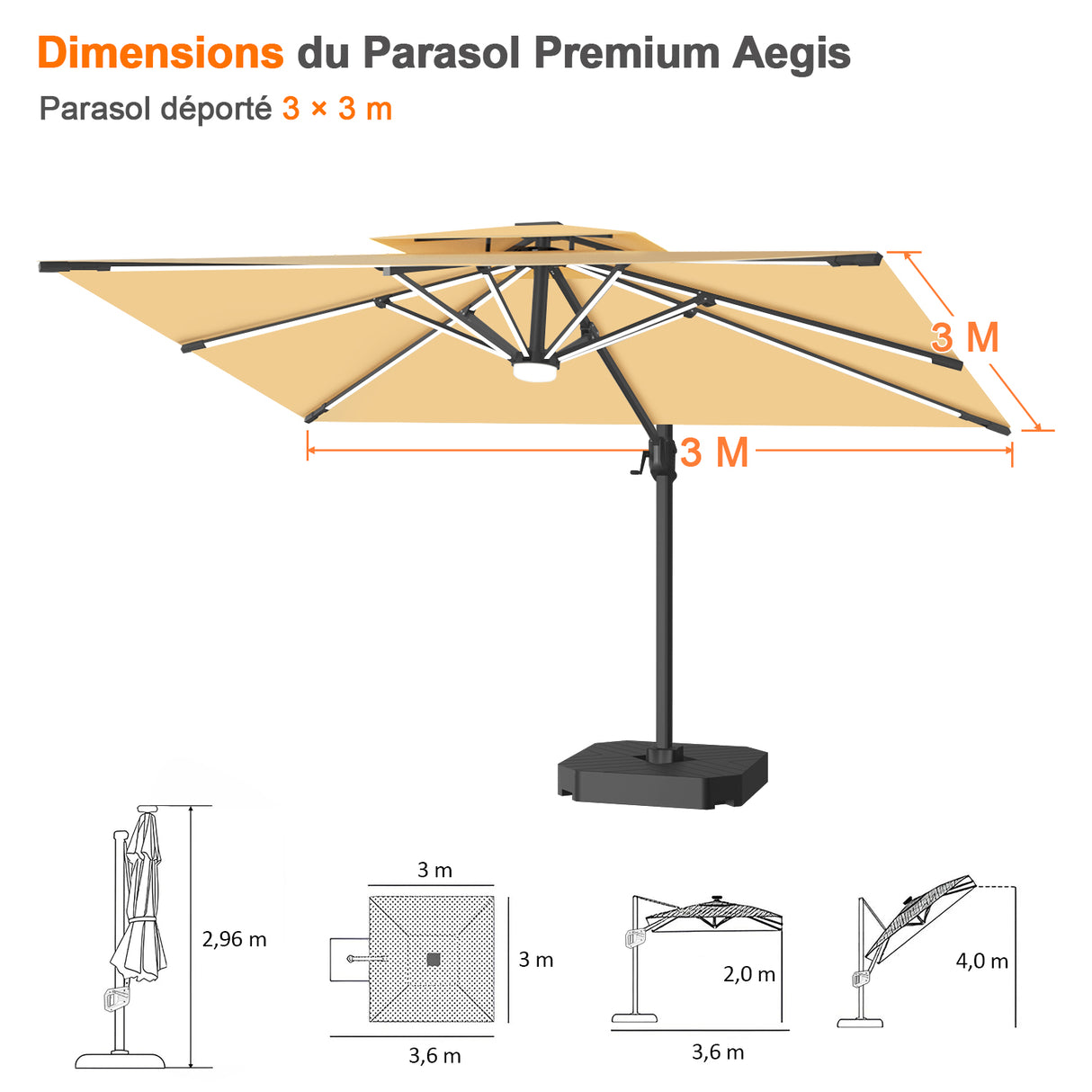 Patioslife Aegis – Parasol déporté Premium avec éclairage LED intégré, base croisée en métal et baleines en fibre de verre