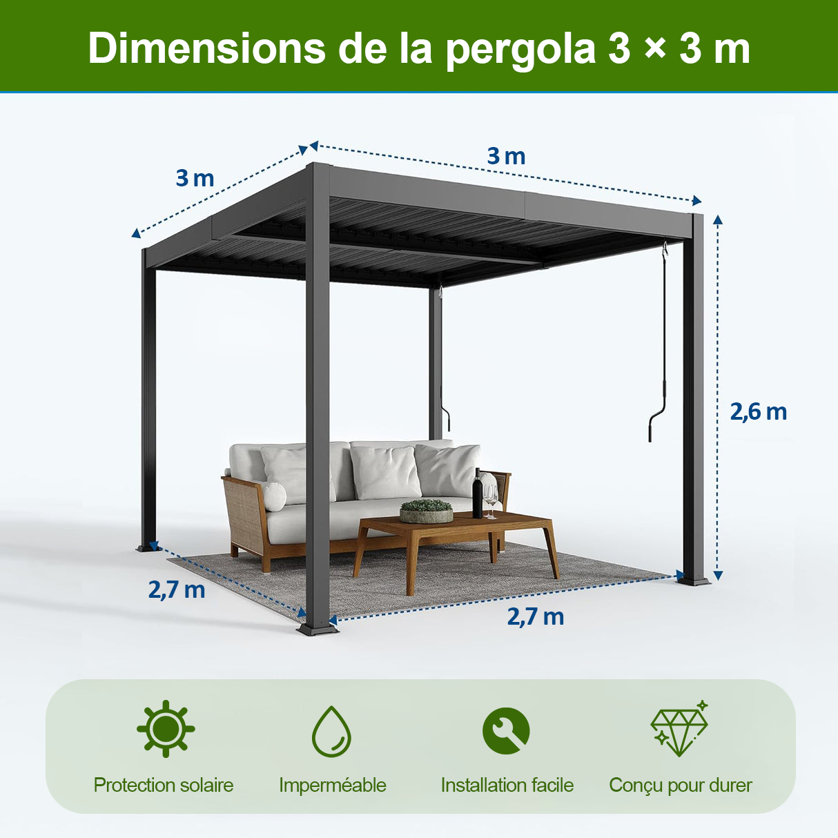 Patioslife Atlantic™ | Pergola à lames orientables en aluminium avec toit réglable et éclairage LED intégré, abri extérieur autonome pour terrasse, patio et piscine