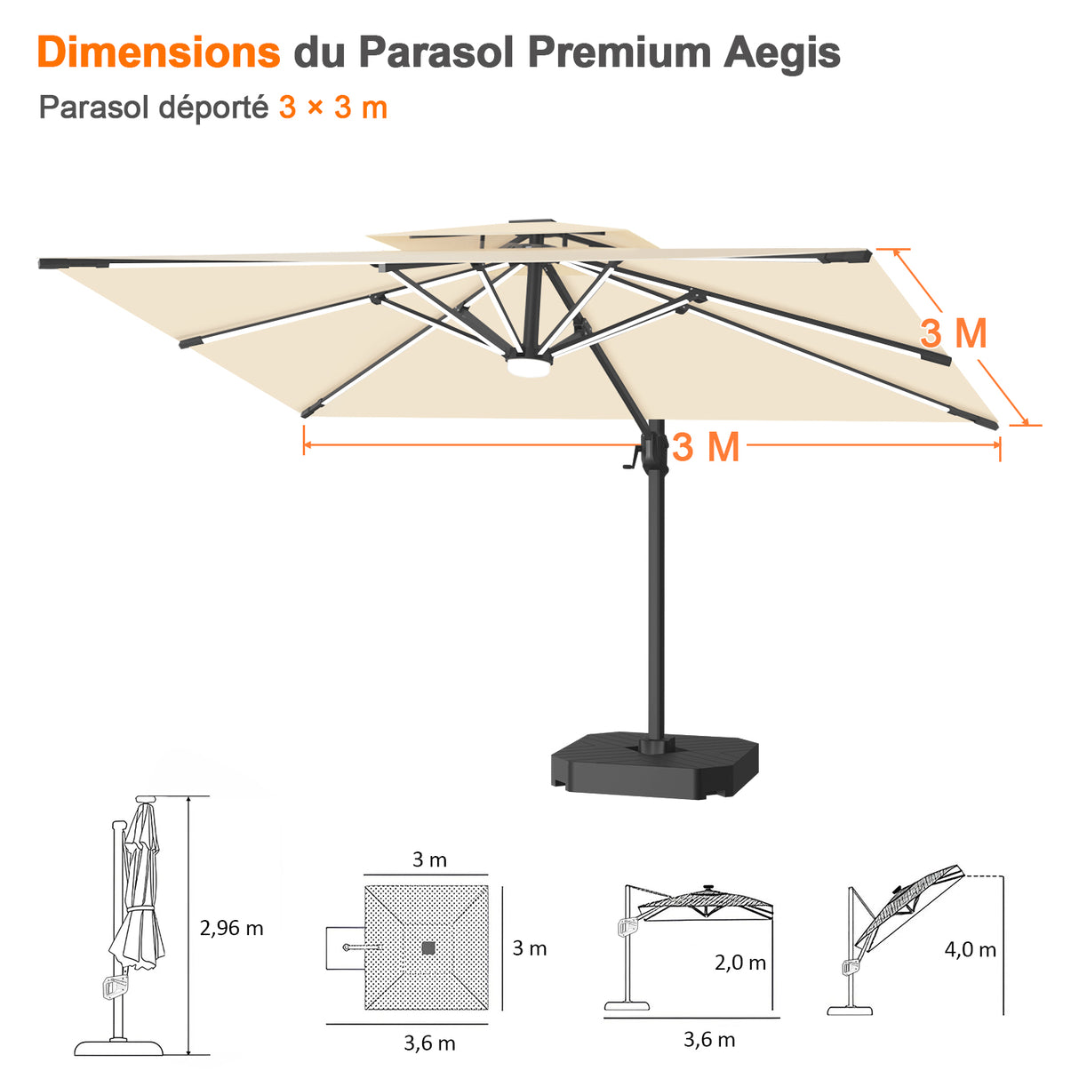 Patioslife Aegis – Parasol déporté Premium avec éclairage LED intégré, base croisée en métal et baleines en fibre de verre