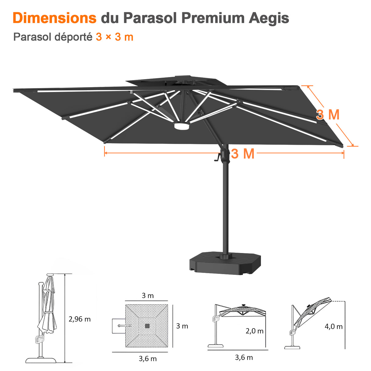 Patioslife Aegis – Parasol déporté Premium avec éclairage LED intégré, base croisée en métal et baleines en fibre de verre