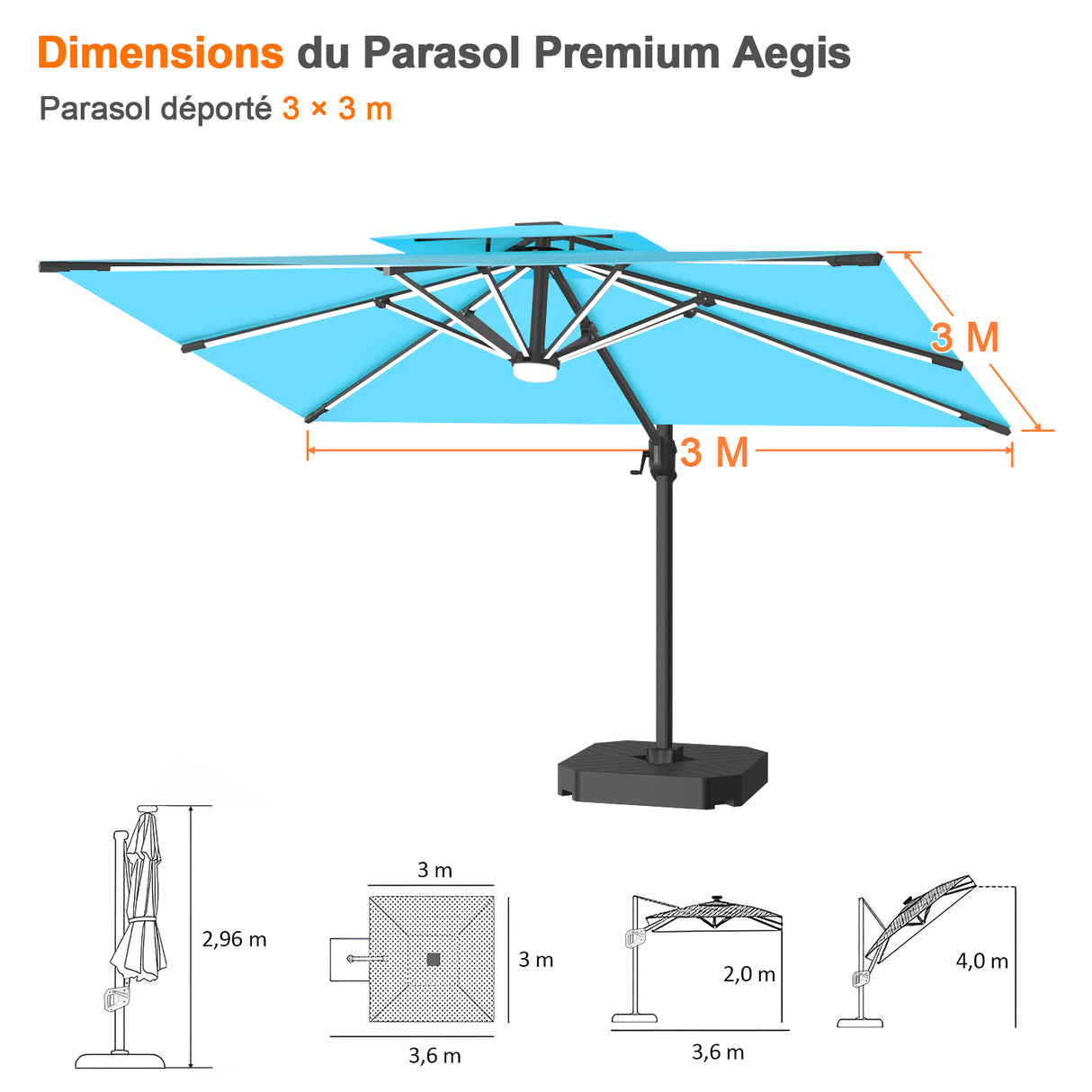 Patioslife Aegis – Parasol déporté Premium avec éclairage LED intégré, base croisée en métal et baleines en fibre de verre