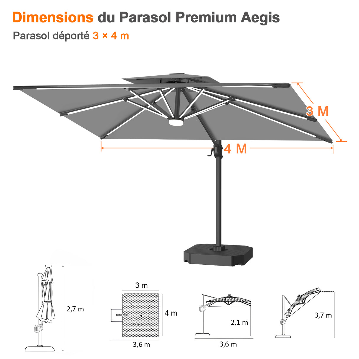 Patioslife Aegis – Parasol déporté Premium avec éclairage LED intégré, base croisée en métal et baleines en fibre de verre