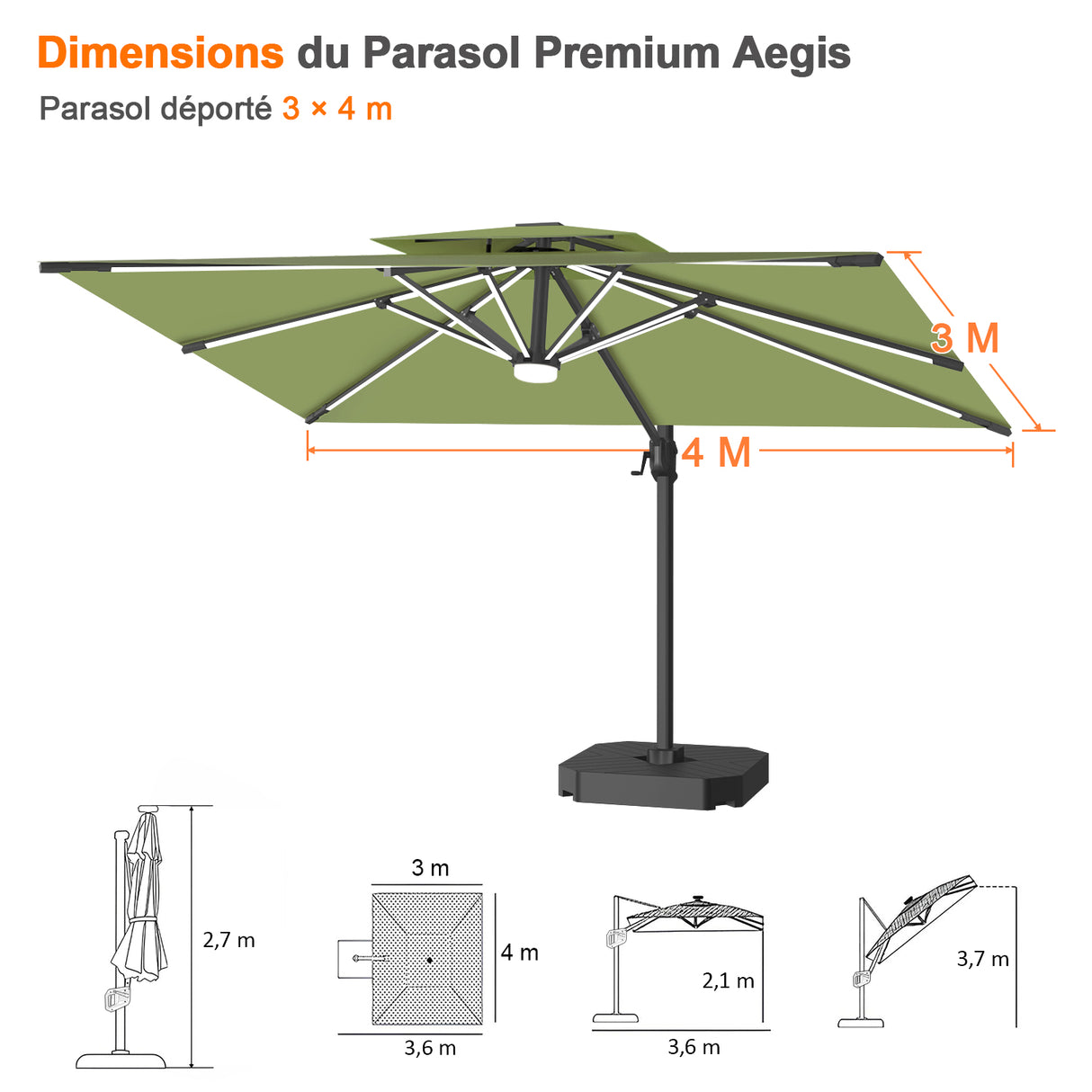 Patioslife Aegis – Parasol déporté Premium avec éclairage LED intégré, base croisée en métal et baleines en fibre de verre