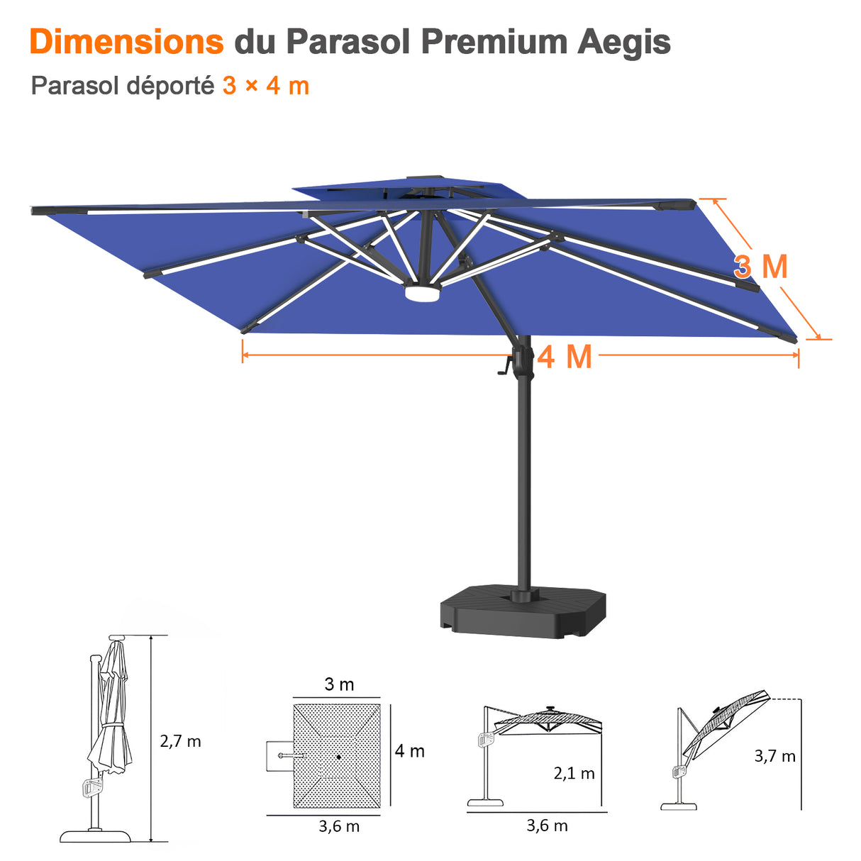 Patioslife Aegis – Parasol déporté Premium avec éclairage LED intégré, base croisée en métal et baleines en fibre de verre