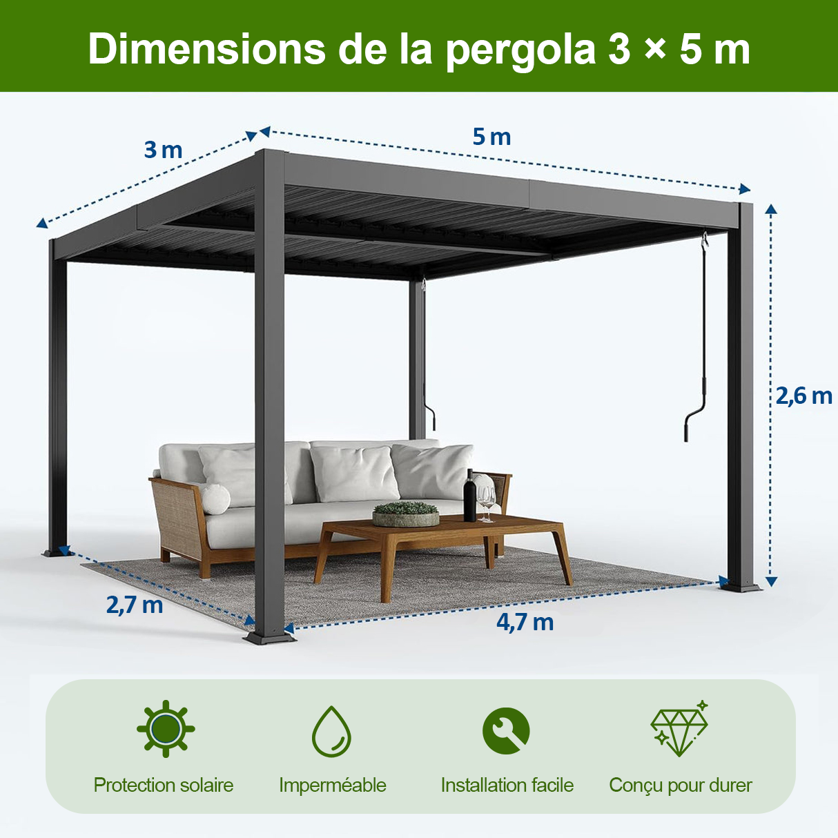 Patioslife Atlantic™ | Pergola à lames orientables en aluminium avec toit réglable et éclairage LED intégré, abri extérieur autonome pour terrasse, patio et piscine