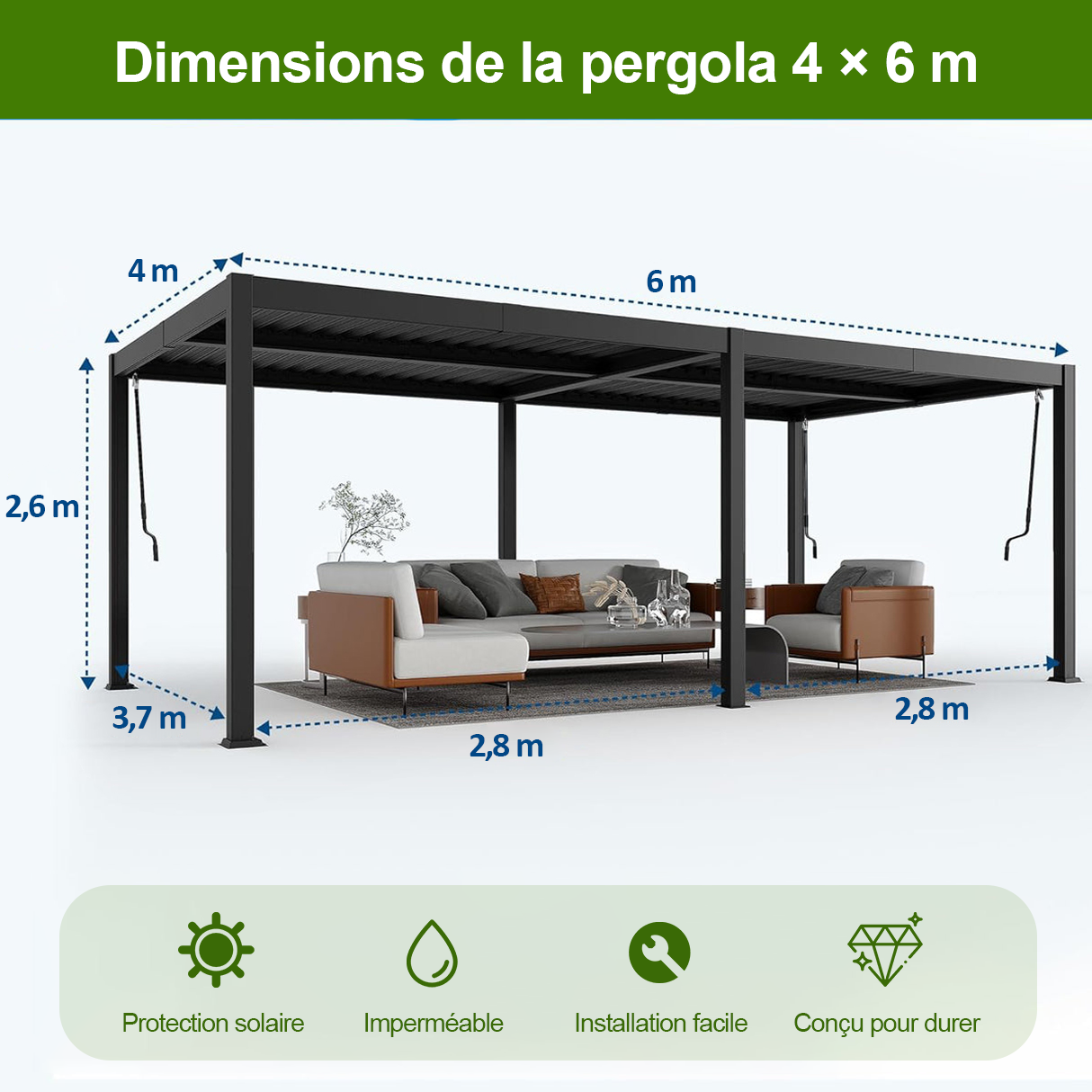 Patioslife Atlantic™ | Pergola à lames orientables en aluminium avec toit réglable et éclairage LED intégré, abri extérieur autonome pour terrasse, patio et piscine