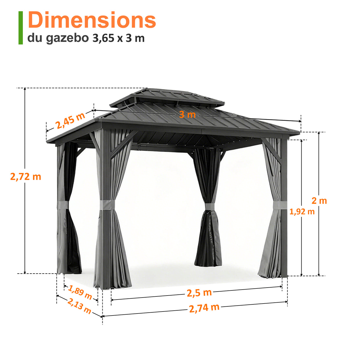 Patioslife Haven | Gazebo à toit rigide avec gouttières de drainage, structure en aluminium, toit doublement aéré et rideaux, pergola pour terrasse ou jardin.