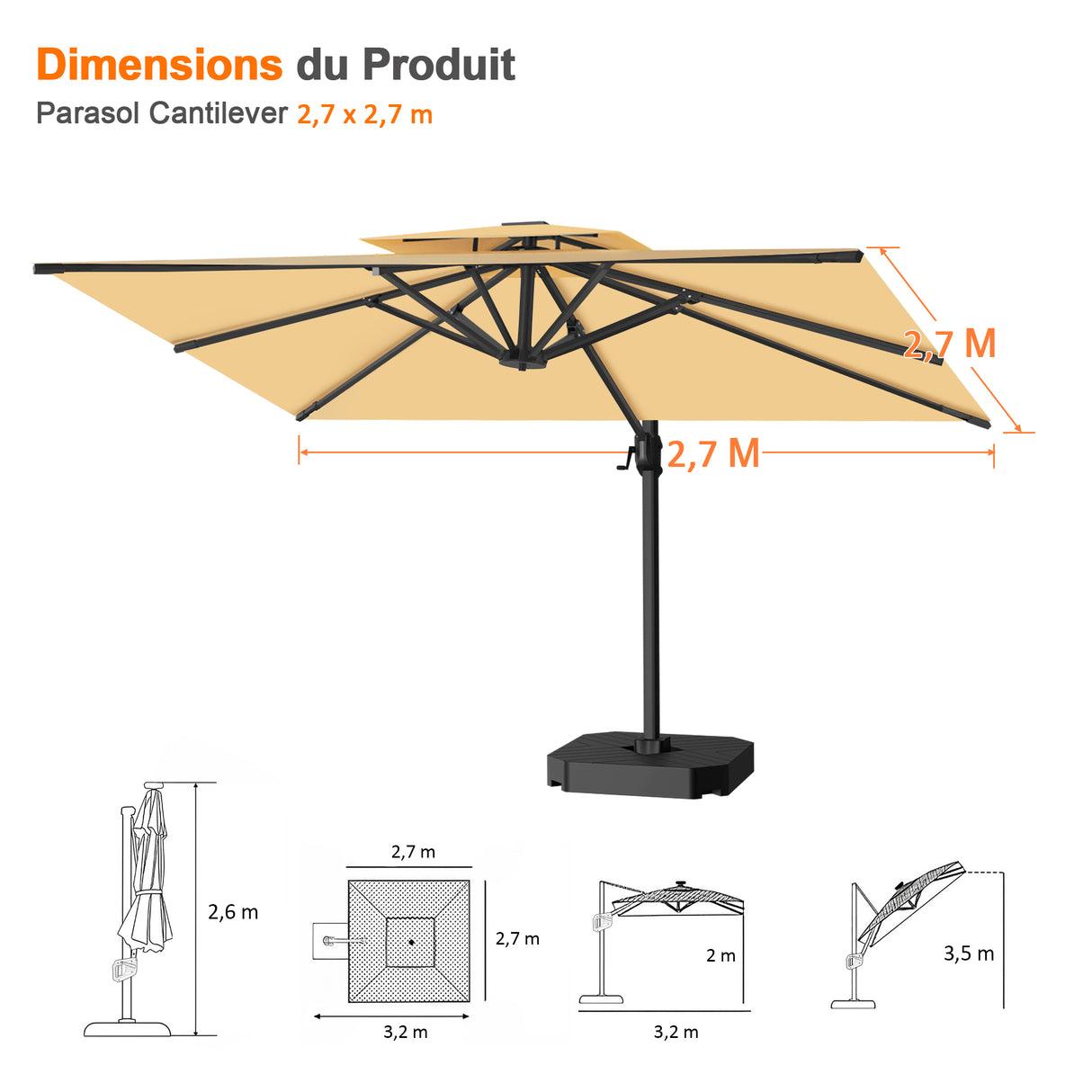 Parasol déporté Patioslife Aegis Pro™ avec base et housse de protection — Baleines en fibre de verre et mât en aluminium à revêtement thermolaqué pour jardin et terrasse