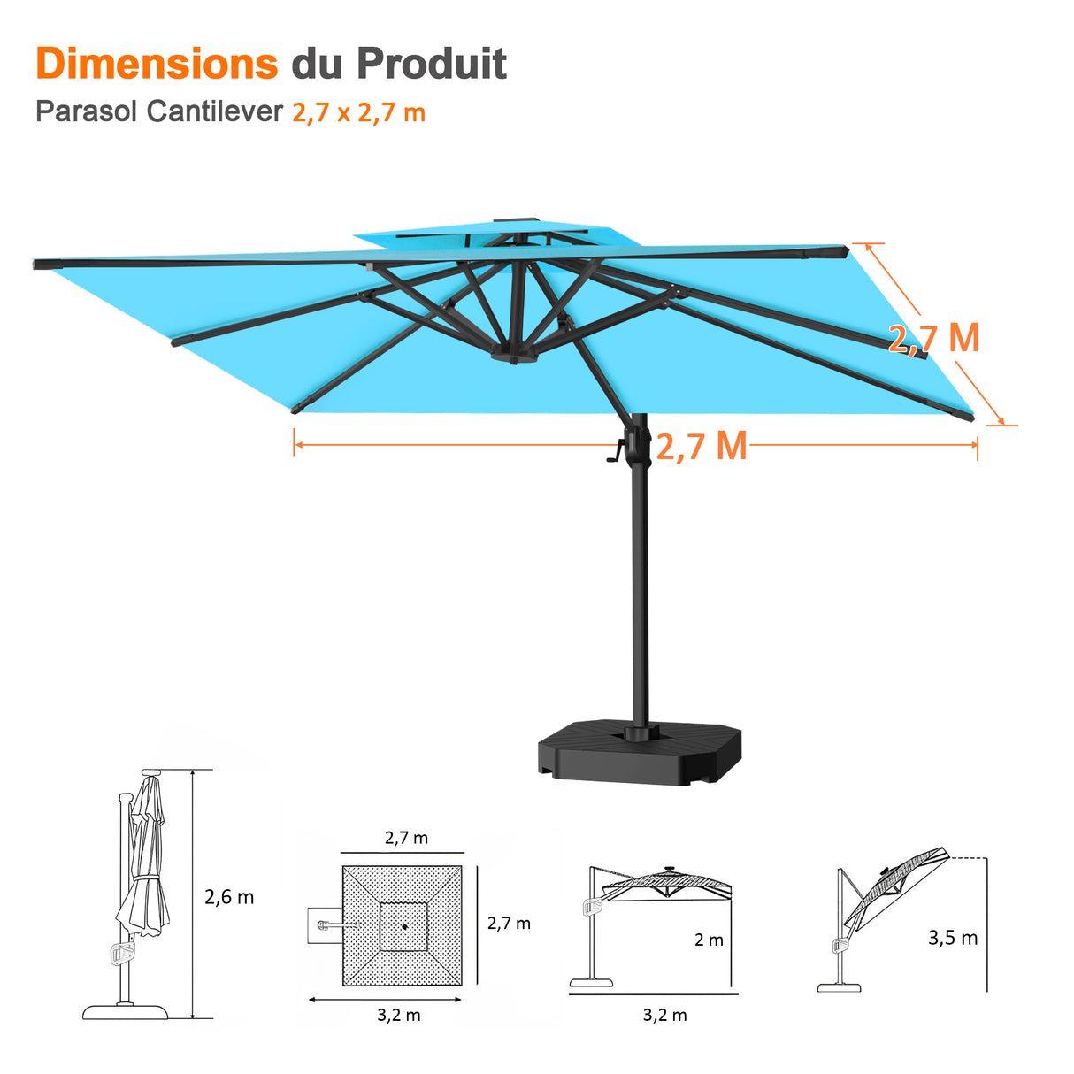 Parasol déporté Patioslife Aegis Pro™ avec base et housse de protection — Baleines en fibre de verre et mât en aluminium à revêtement thermolaqué pour jardin et terrasse