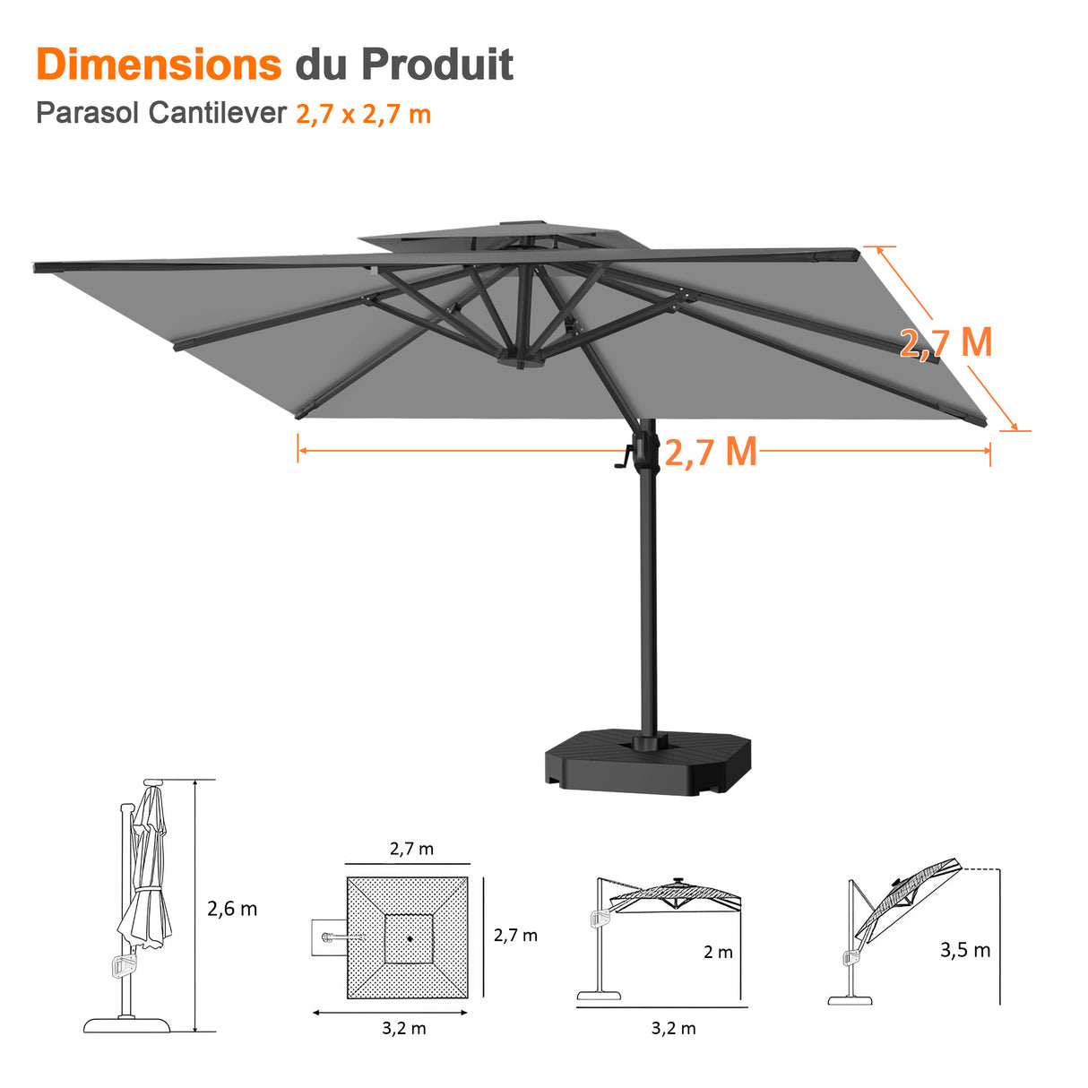 Parasol déporté Patioslife Aegis Pro™ avec base et housse de protection — Baleines en fibre de verre et mât en aluminium à revêtement thermolaqué pour jardin et terrasse