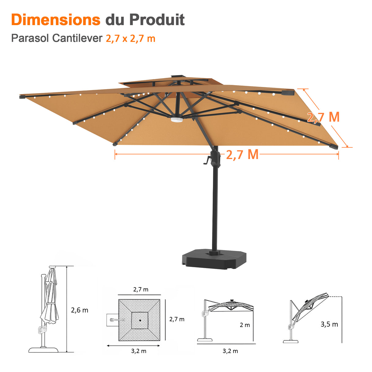 Parasol déporté Patioslife Aegis Pro avec éclairage LED et housse de protection, baleines et mât en aluminium à revêtement thermolaqué — Idéal pour jardins et terrasses