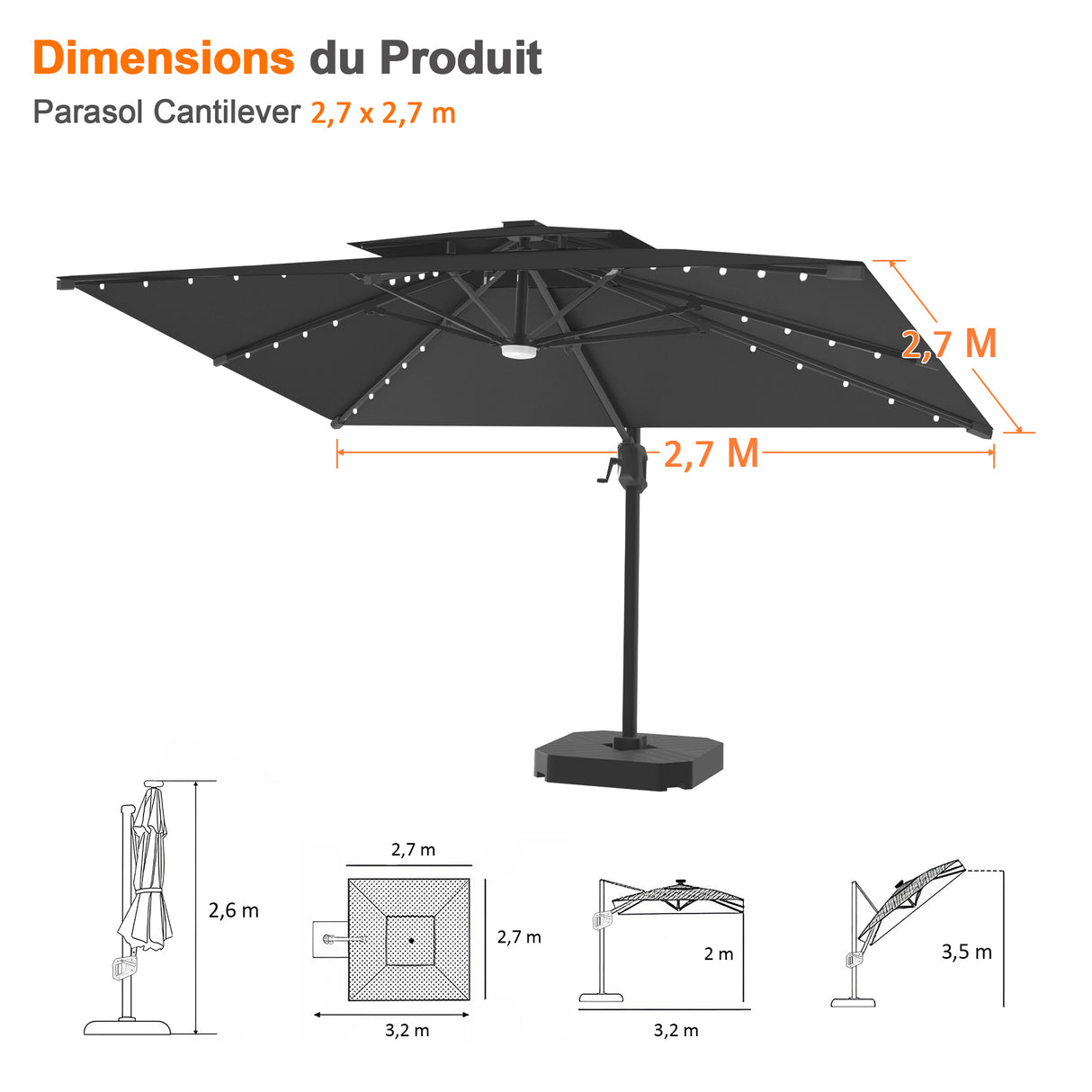Parasol déporté Patioslife Aegis Pro avec éclairage LED et housse de protection, baleines et mât en aluminium à revêtement thermolaqué — Idéal pour jardins et terrasses