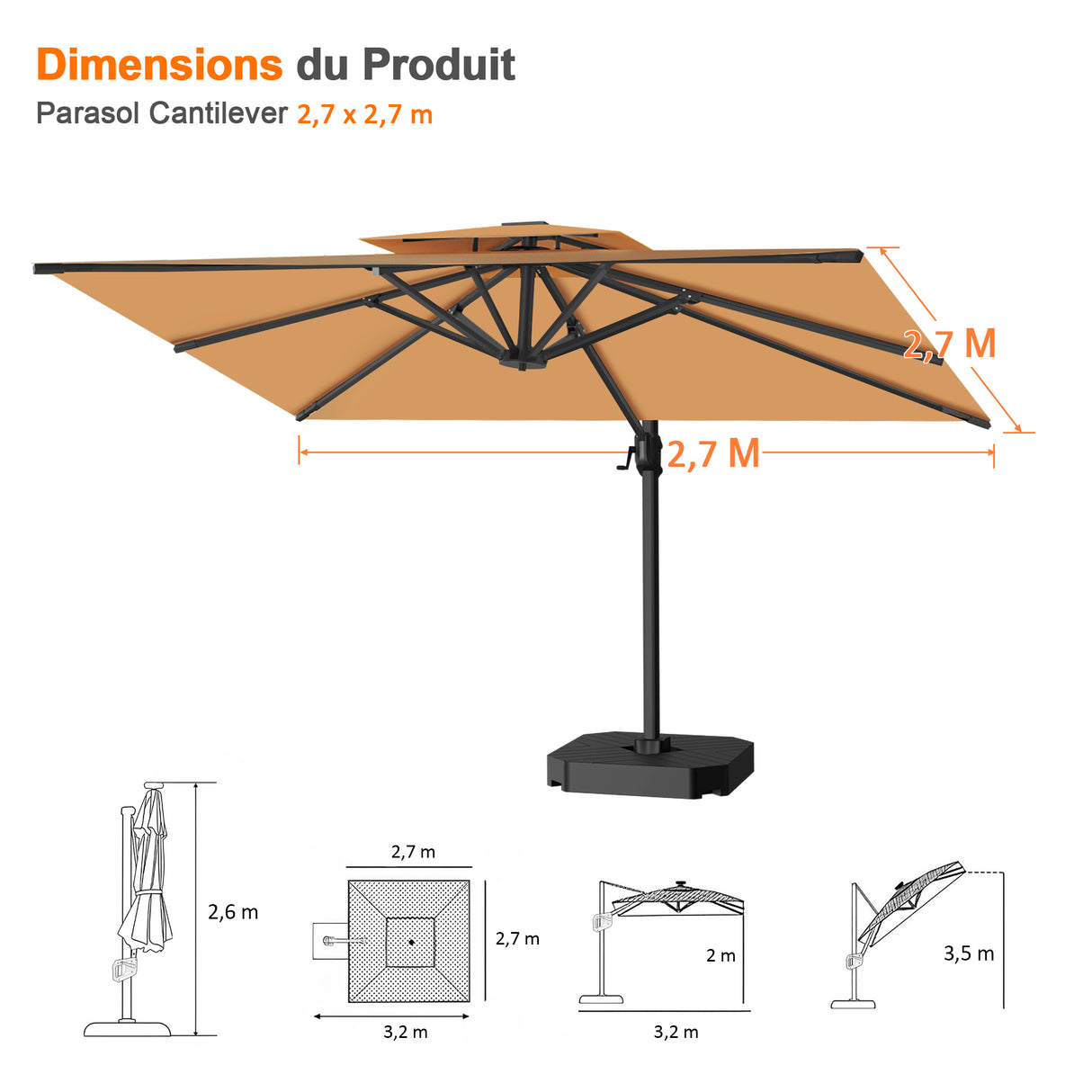 Parasol déporté Patioslife Aegis Pro™ avec base et housse de protection — Baleines en fibre de verre et mât en aluminium à revêtement thermolaqué pour jardin et terrasse