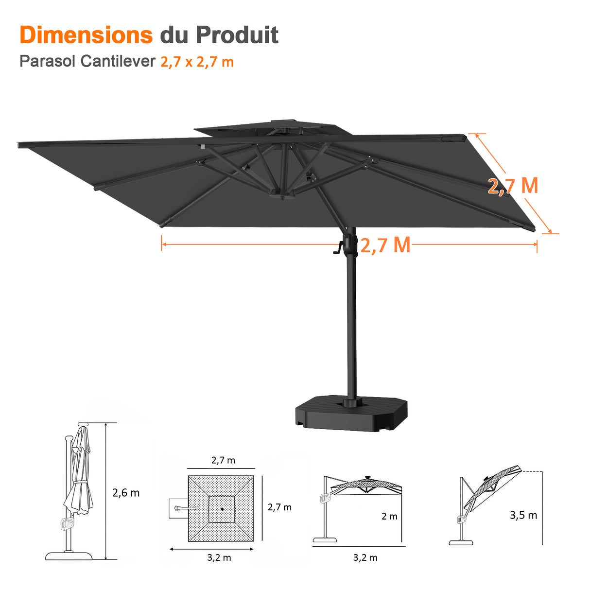 Parasol déporté Patioslife Aegis Pro™ avec base et housse de protection — Baleines en fibre de verre et mât en aluminium à revêtement thermolaqué pour jardin et terrasse