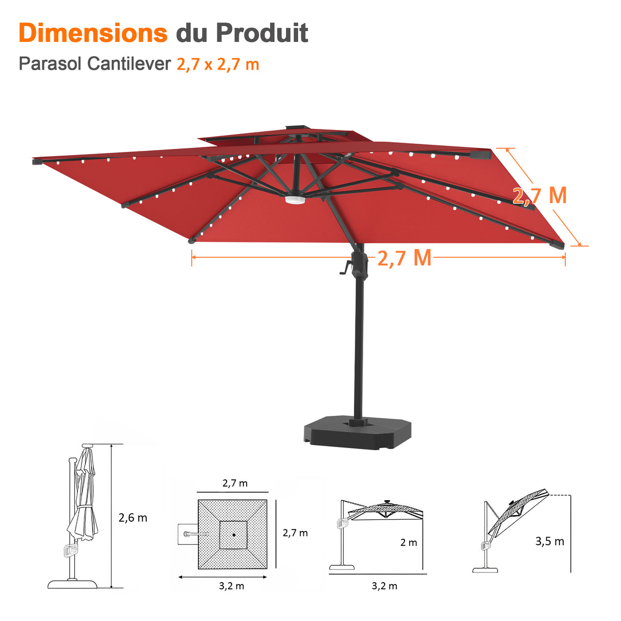 Parasol déporté Patioslife Aegis Pro avec éclairage LED et housse de protection, baleines et mât en aluminium à revêtement thermolaqué — Idéal pour jardins et terrasses