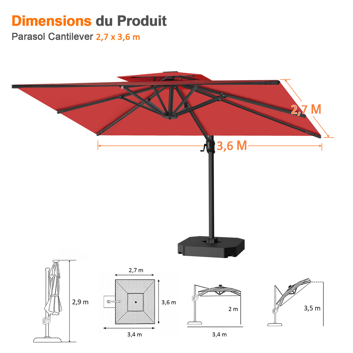 Parasol déporté Patioslife Aegis Pro™ avec base et housse de protection — Baleines en fibre de verre et mât en aluminium à revêtement thermolaqué pour jardin et terrasse