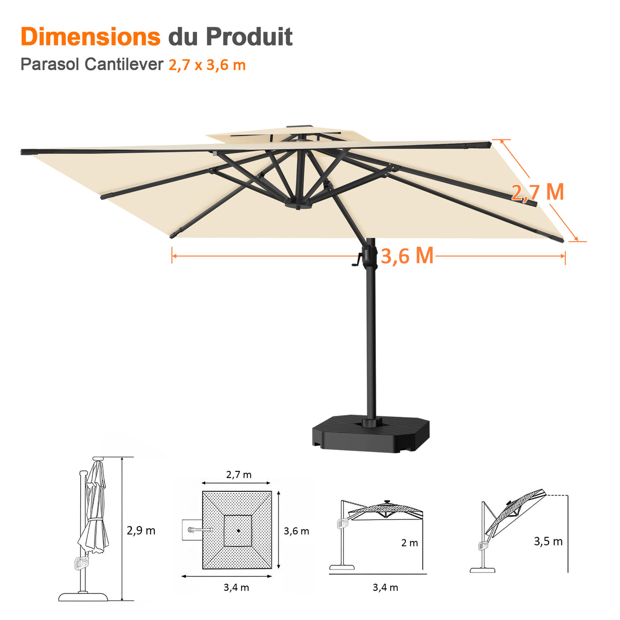 Parasol déporté Patioslife Aegis Pro™ avec base et housse de protection — Baleines en fibre de verre et mât en aluminium à revêtement thermolaqué pour jardin et terrasse
