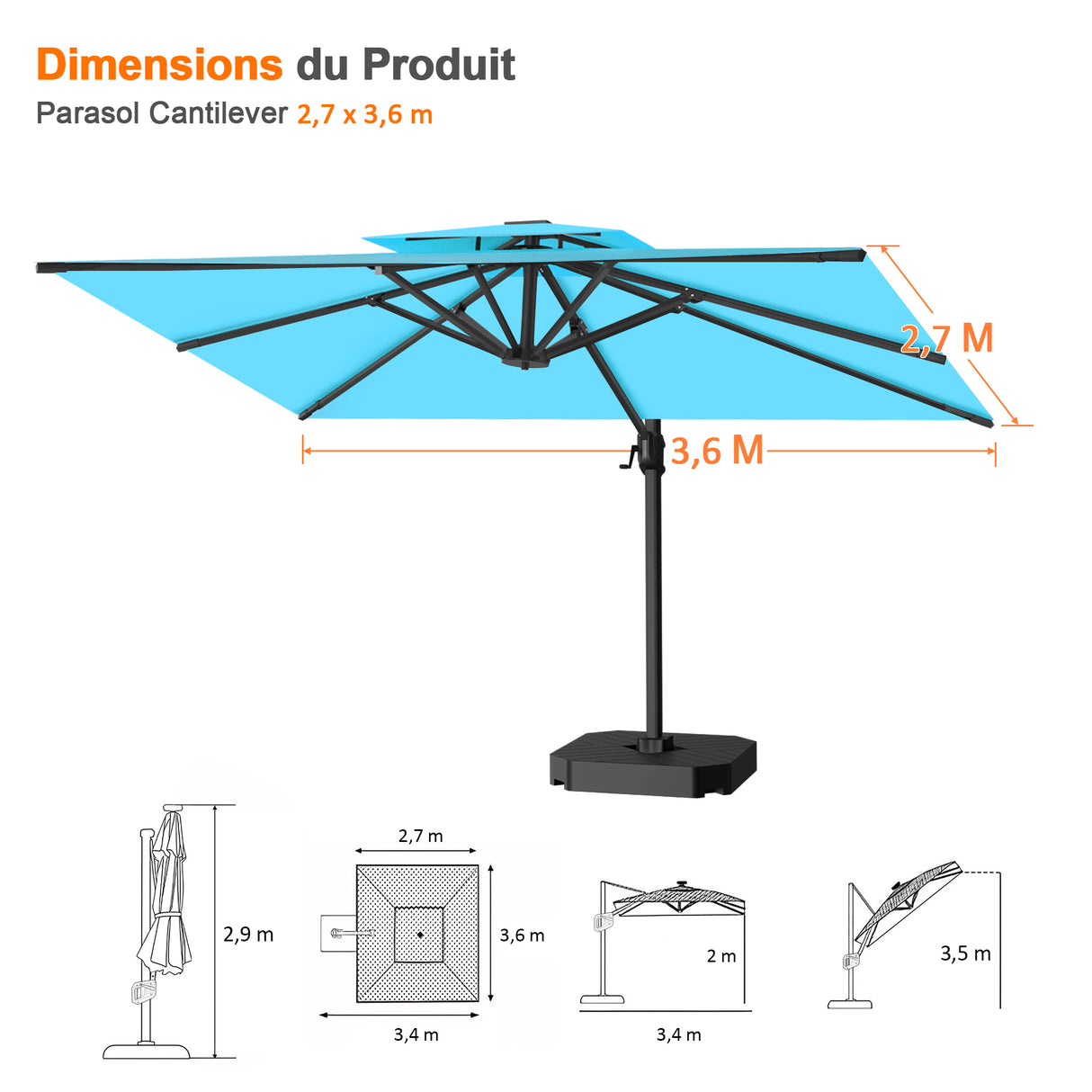 Parasol déporté Patioslife Aegis Pro™ avec base et housse de protection — Baleines en fibre de verre et mât en aluminium à revêtement thermolaqué pour jardin et terrasse