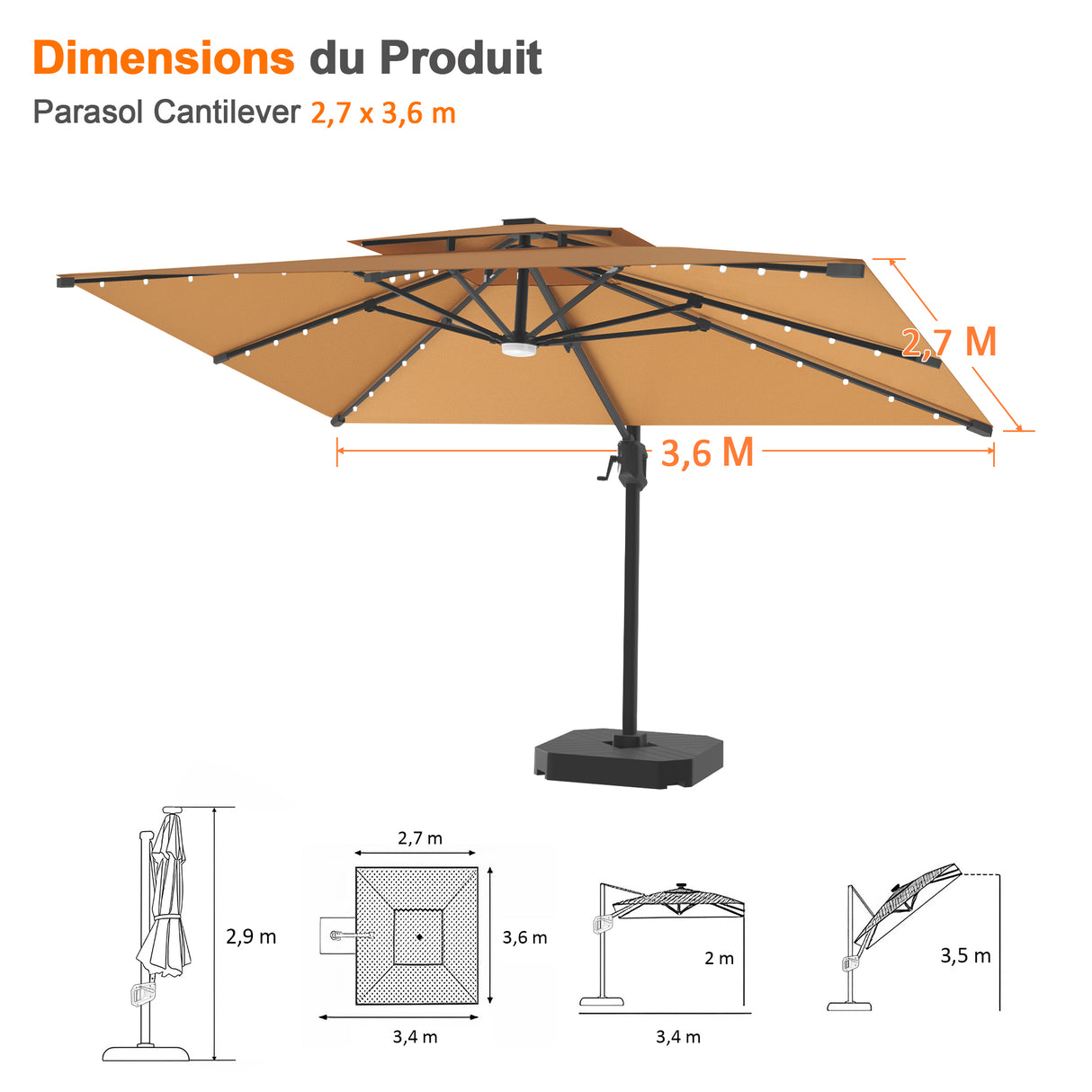 Parasol déporté Patioslife Aegis Pro avec éclairage LED et housse de protection, baleines et mât en aluminium à revêtement thermolaqué — Idéal pour jardins et terrasses
