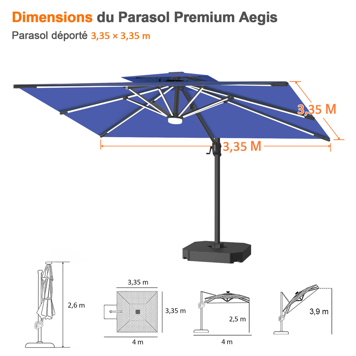 Patioslife Aegis – Parasol déporté Premium avec éclairage LED intégré, base croisée en métal et baleines en fibre de verre
