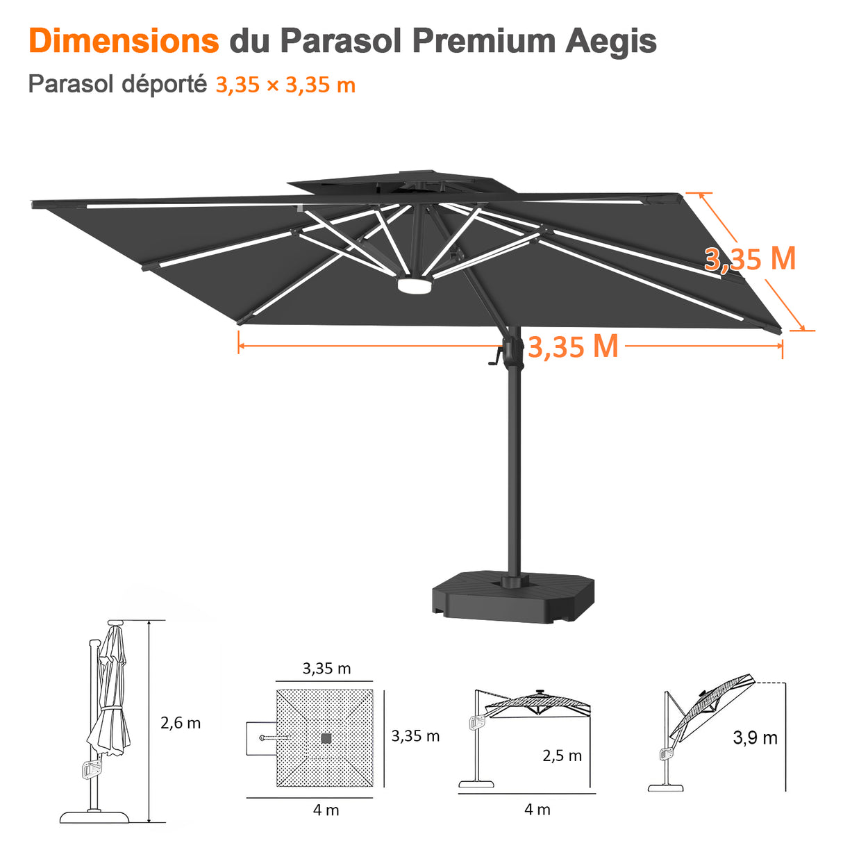 Patioslife Aegis – Parasol déporté Premium avec éclairage LED intégré, base croisée en métal et baleines en fibre de verre