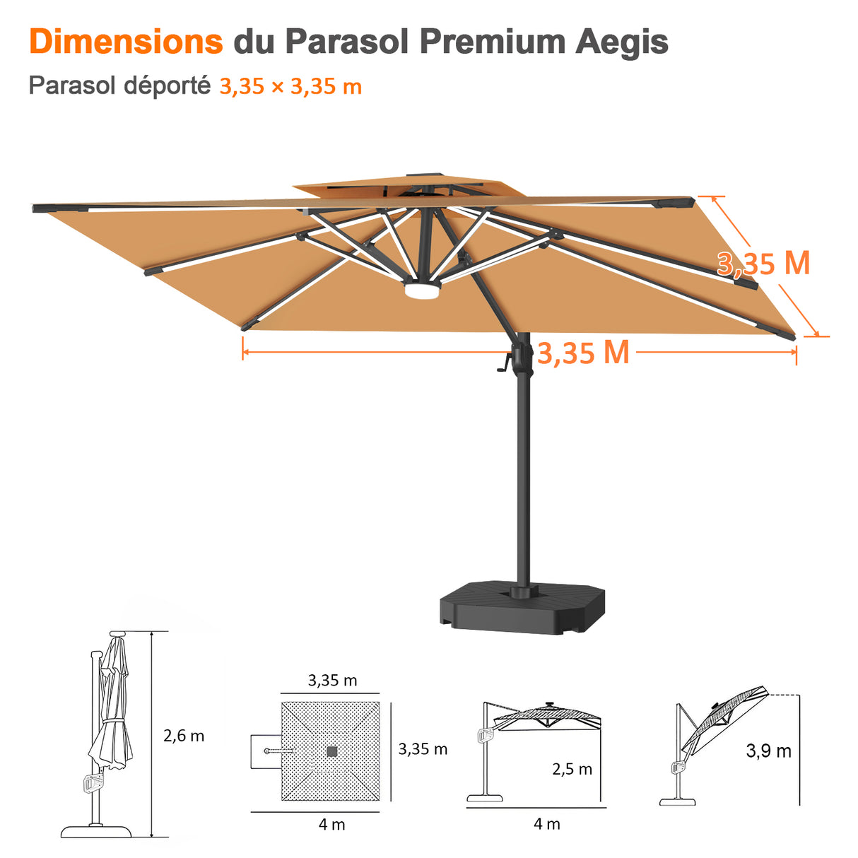 Patioslife Aegis – Parasol déporté Premium avec éclairage LED intégré, base croisée en métal et baleines en fibre de verre