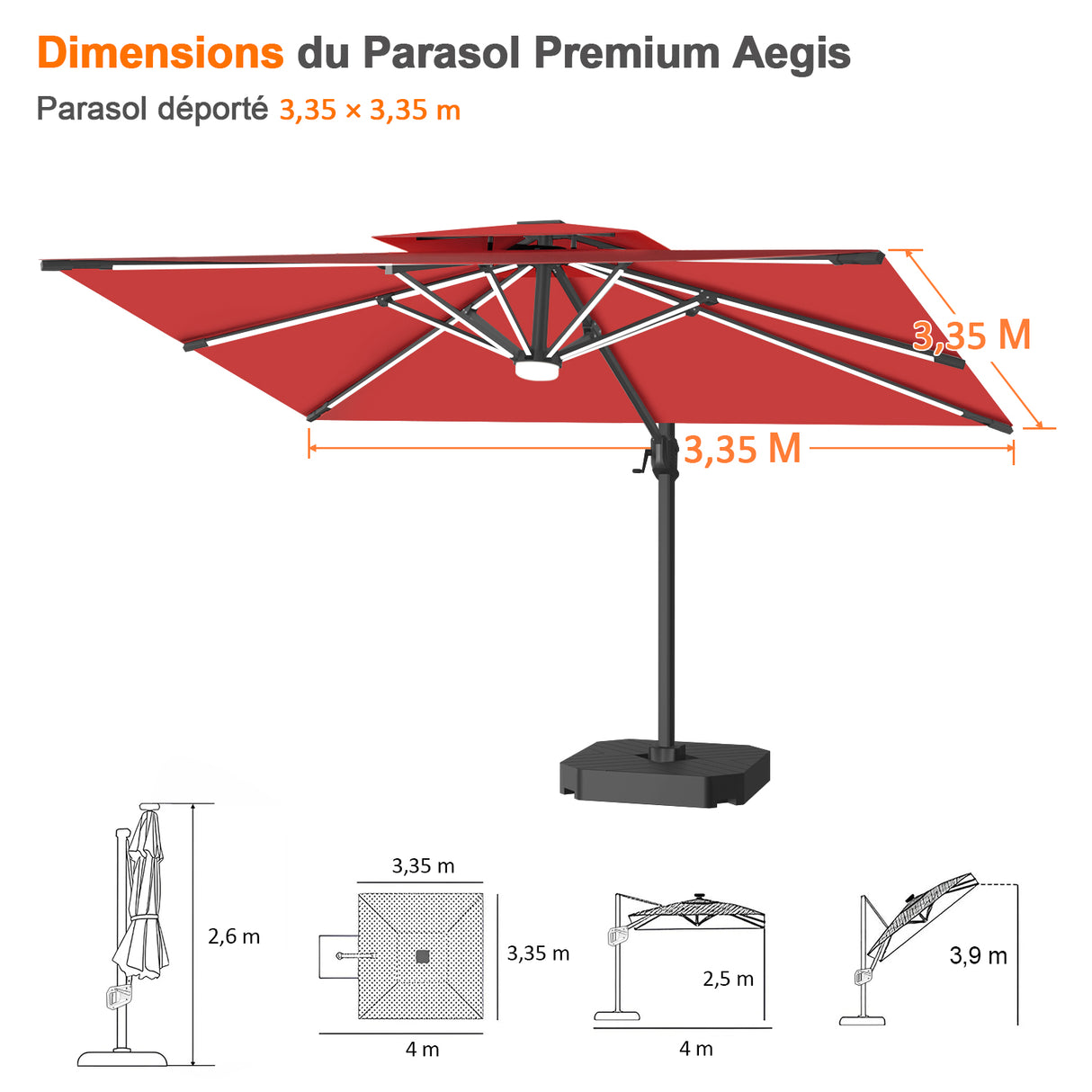 Patioslife Aegis – Parasol déporté Premium avec éclairage LED intégré, base croisée en métal et baleines en fibre de verre