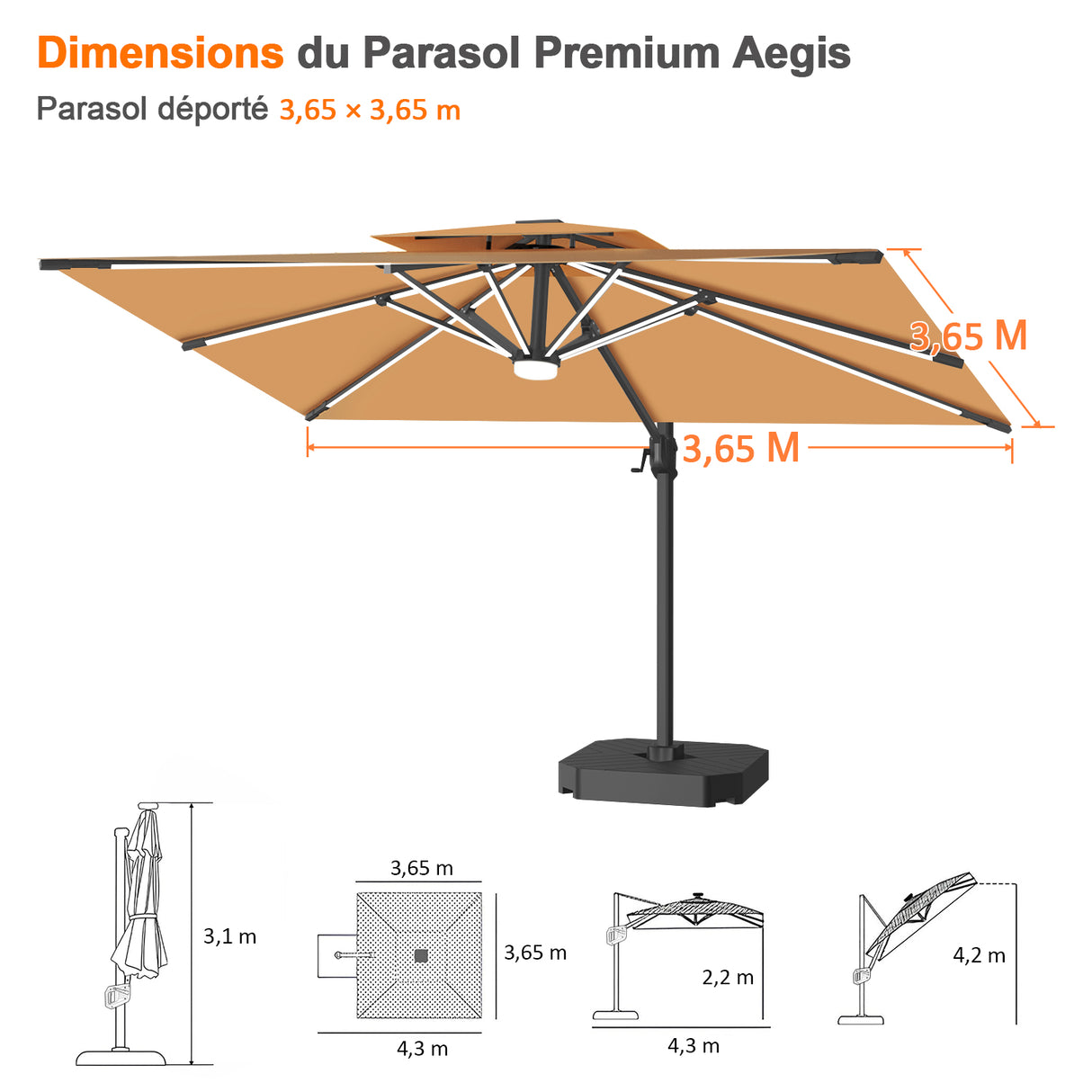 Patioslife Aegis – Parasol déporté Premium avec éclairage LED intégré, base croisée en métal et baleines en fibre de verre
