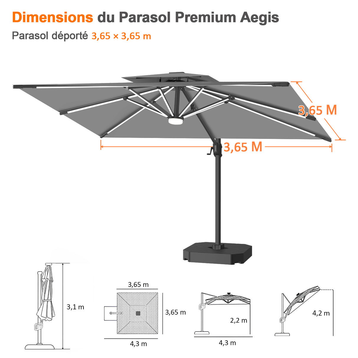 Patioslife Aegis – Parasol déporté Premium avec éclairage LED intégré, base croisée en métal et baleines en fibre de verre