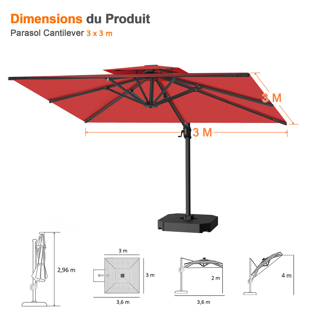 Parasol déporté Patioslife Aegis Pro™ avec base et housse de protection — Baleines en fibre de verre et mât en aluminium à revêtement thermolaqué pour jardin et terrasse