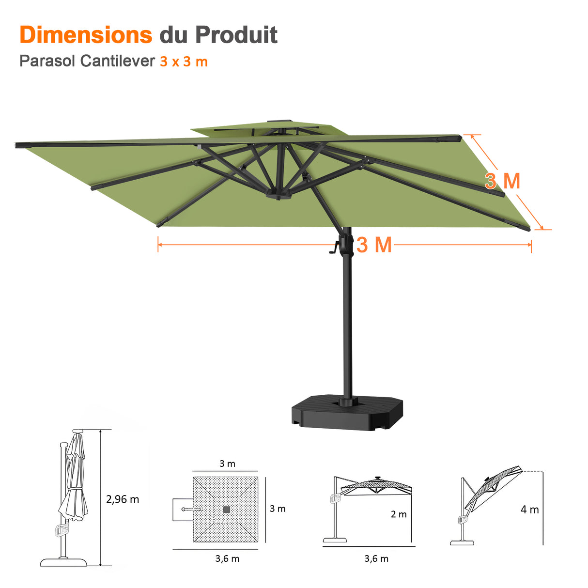Parasol déporté Patioslife Aegis Pro™ avec base et housse de protection — Baleines en fibre de verre et mât en aluminium à revêtement thermolaqué pour jardin et terrasse