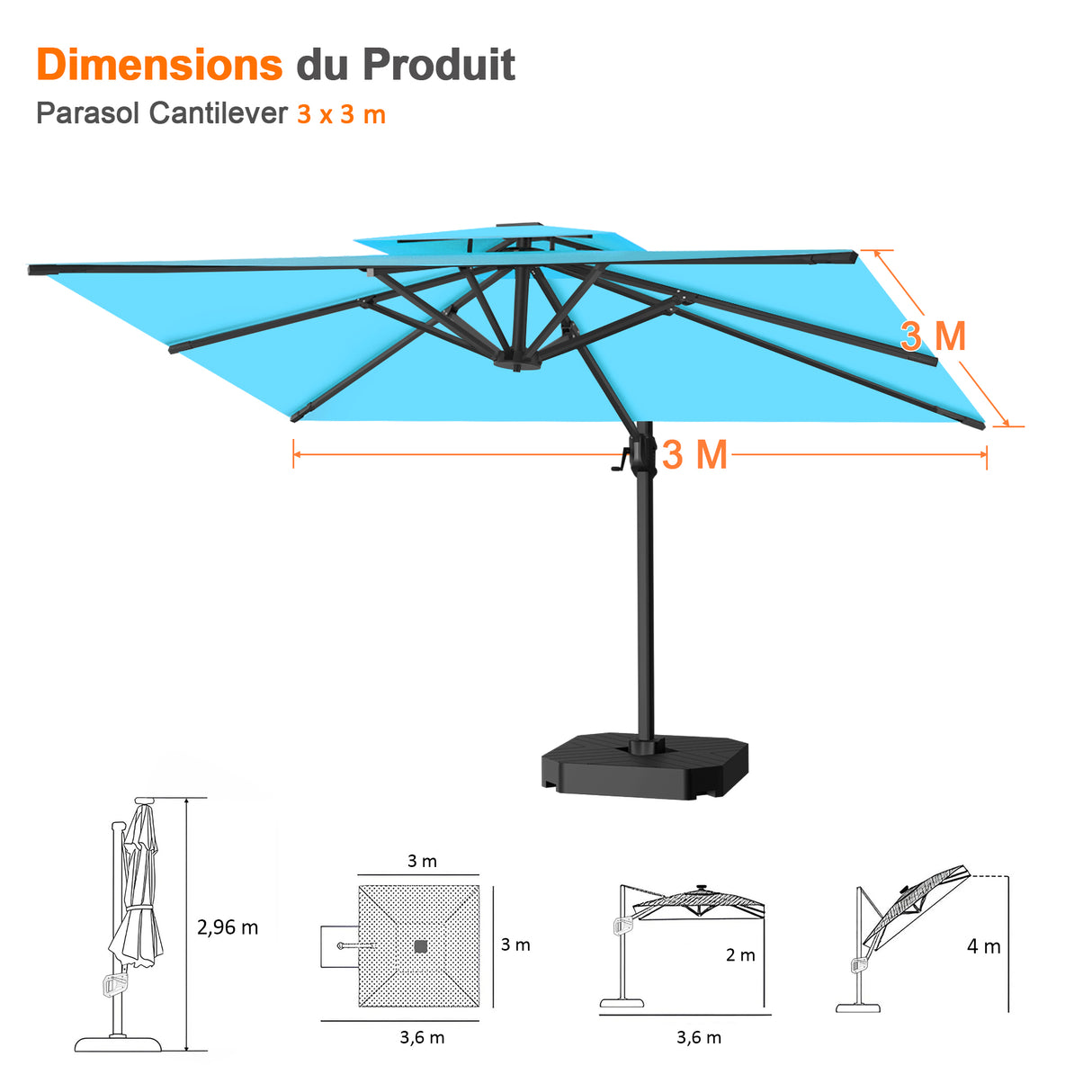 Parasol déporté Patioslife Aegis Pro™ avec base et housse de protection — Baleines en fibre de verre et mât en aluminium à revêtement thermolaqué pour jardin et terrasse