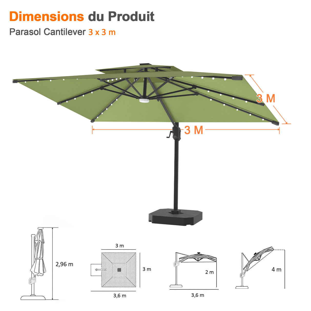 Parasol déporté Patioslife Aegis Pro avec éclairage LED et housse de protection, baleines et mât en aluminium à revêtement thermolaqué — Idéal pour jardins et terrasses