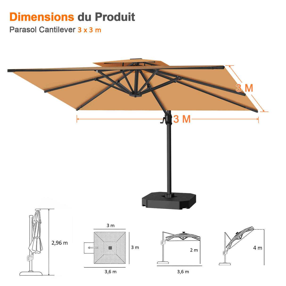 Parasol déporté Patioslife Aegis Pro™ avec base et housse de protection — Baleines en fibre de verre et mât en aluminium à revêtement thermolaqué pour jardin et terrasse