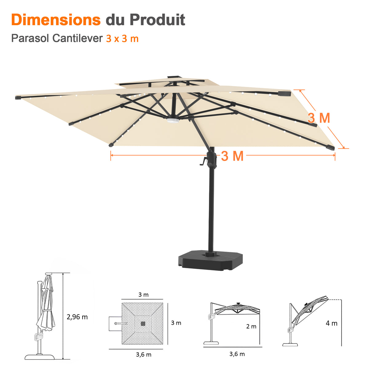 Parasol déporté Patioslife Aegis Pro avec éclairage LED et housse de protection, baleines et mât en aluminium à revêtement thermolaqué — Idéal pour jardins et terrasses