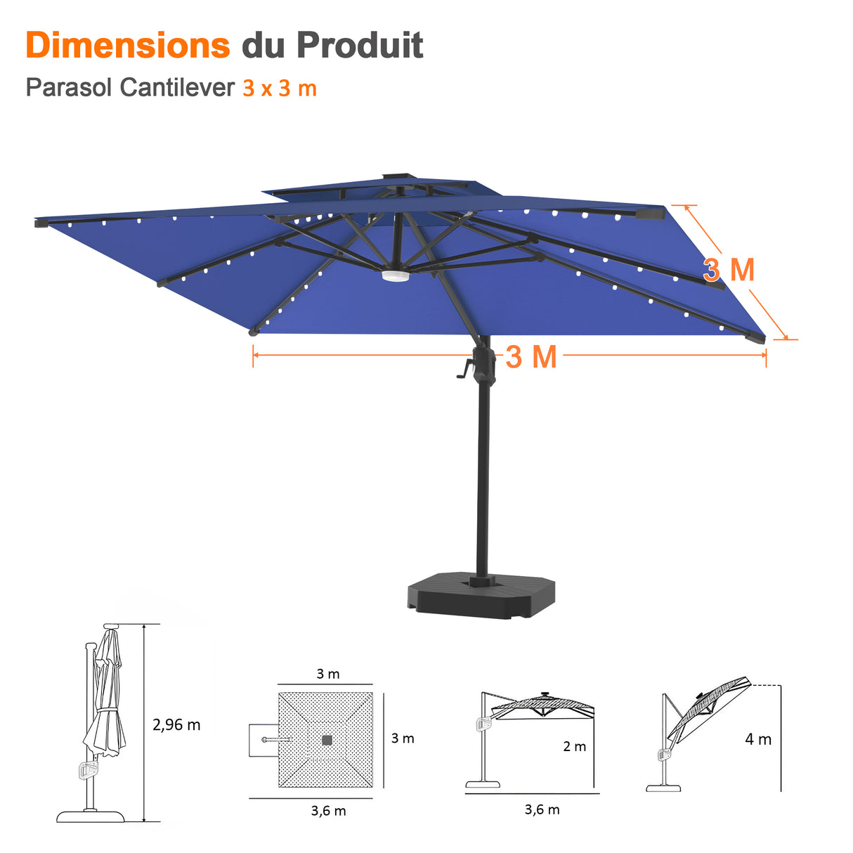 Parasol déporté Patioslife Aegis Pro avec éclairage LED et housse de protection, baleines et mât en aluminium à revêtement thermolaqué — Idéal pour jardins et terrasses