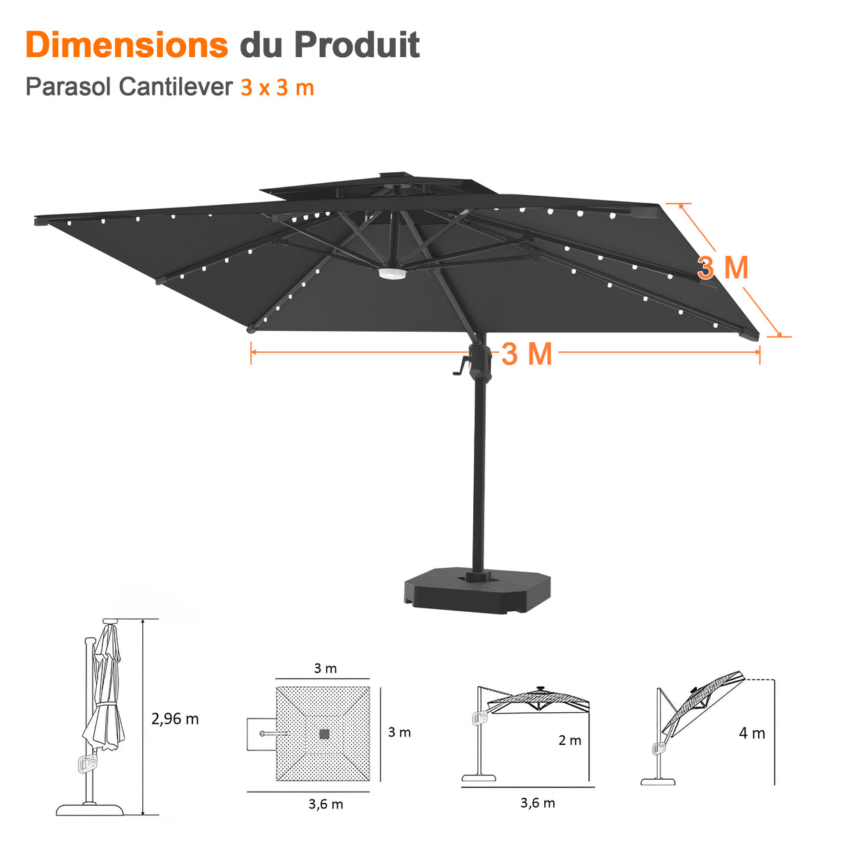 Parasol déporté Patioslife Aegis Pro avec éclairage LED et housse de protection, baleines et mât en aluminium à revêtement thermolaqué — Idéal pour jardins et terrasses