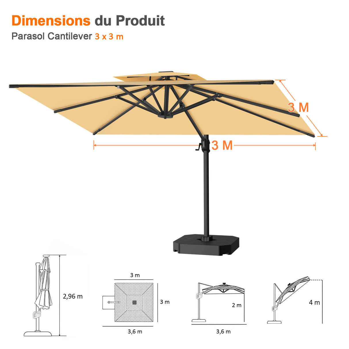 Parasol déporté Patioslife Aegis Pro™ avec base et housse de protection — Baleines en fibre de verre et mât en aluminium à revêtement thermolaqué pour jardin et terrasse