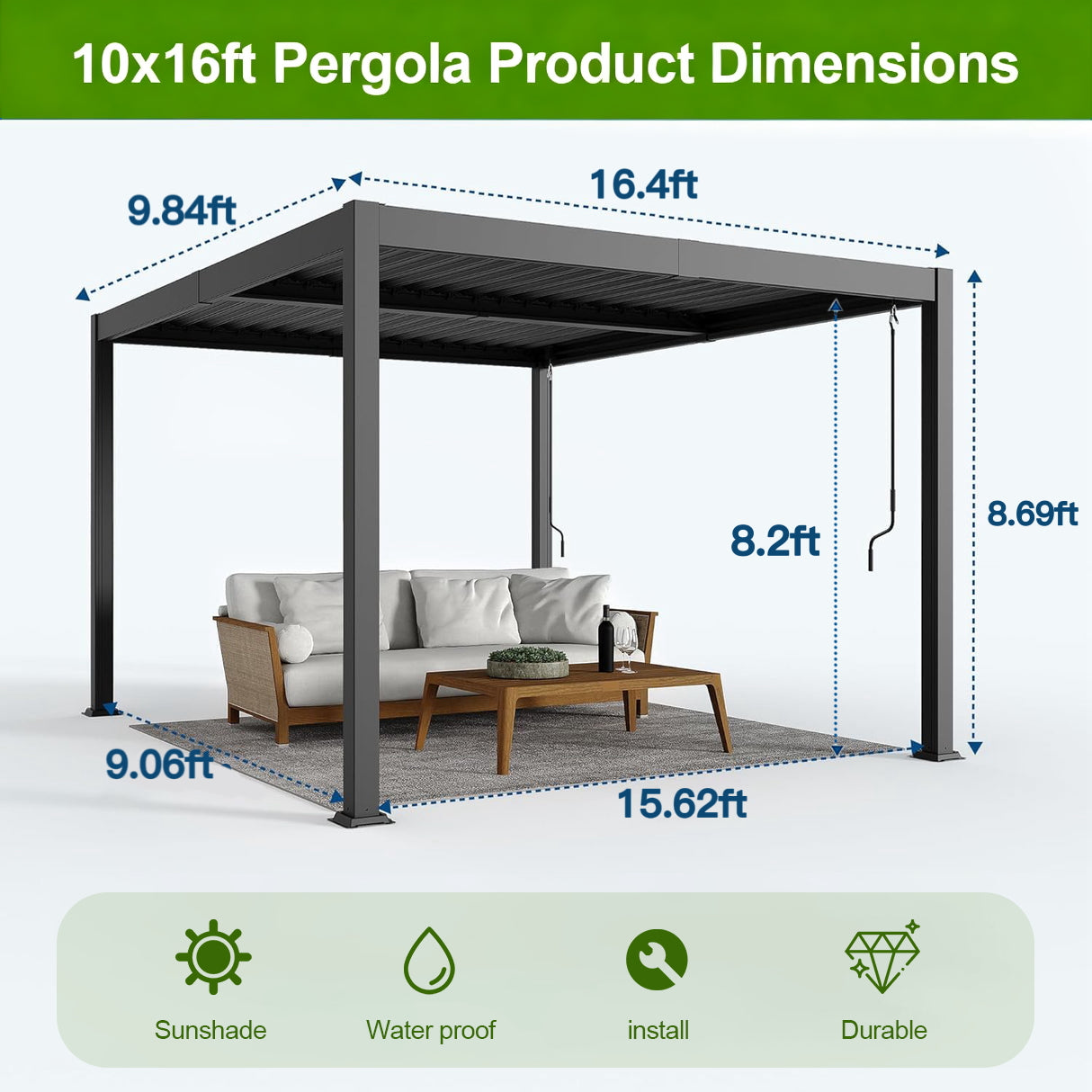 10x16ft Aluminium Louvered Pergola,patioslife,Poolside,Outdoor Leisure Area,Outdoor Kitchen or Dining Area,Garden Pathway,Rooftop Terrace,Sun Shading & Light Contro,Space Definition
