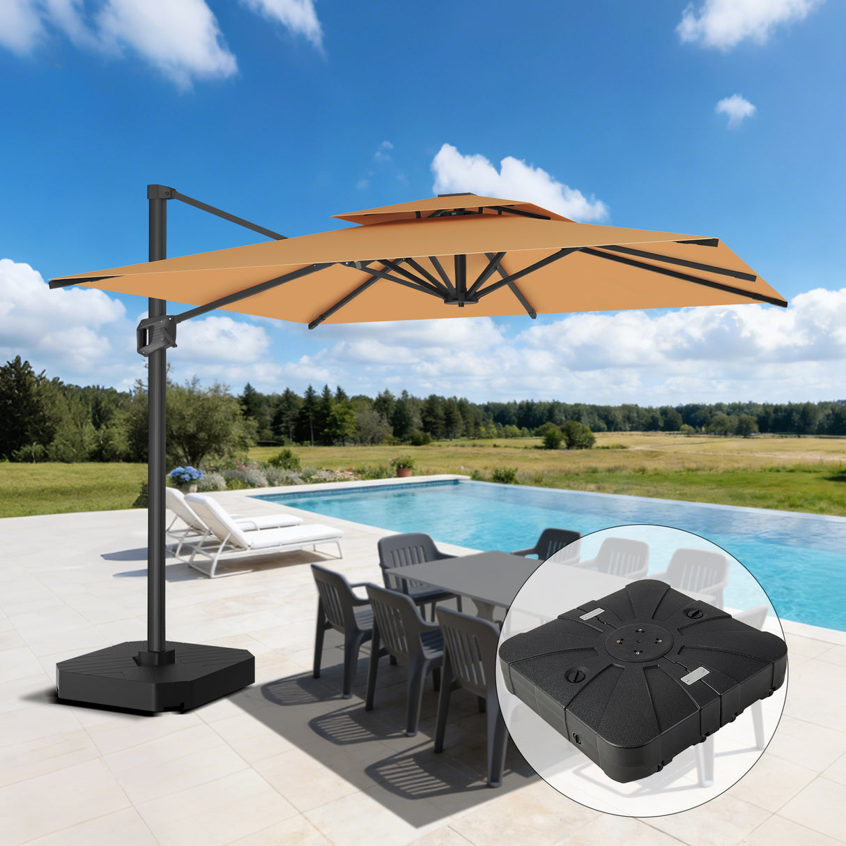 Parasol déporté Patioslife Aegis Pro™ avec base et housse de protection — Baleines en fibre de verre et mât en aluminium à revêtement thermolaqué pour jardin et terrasse